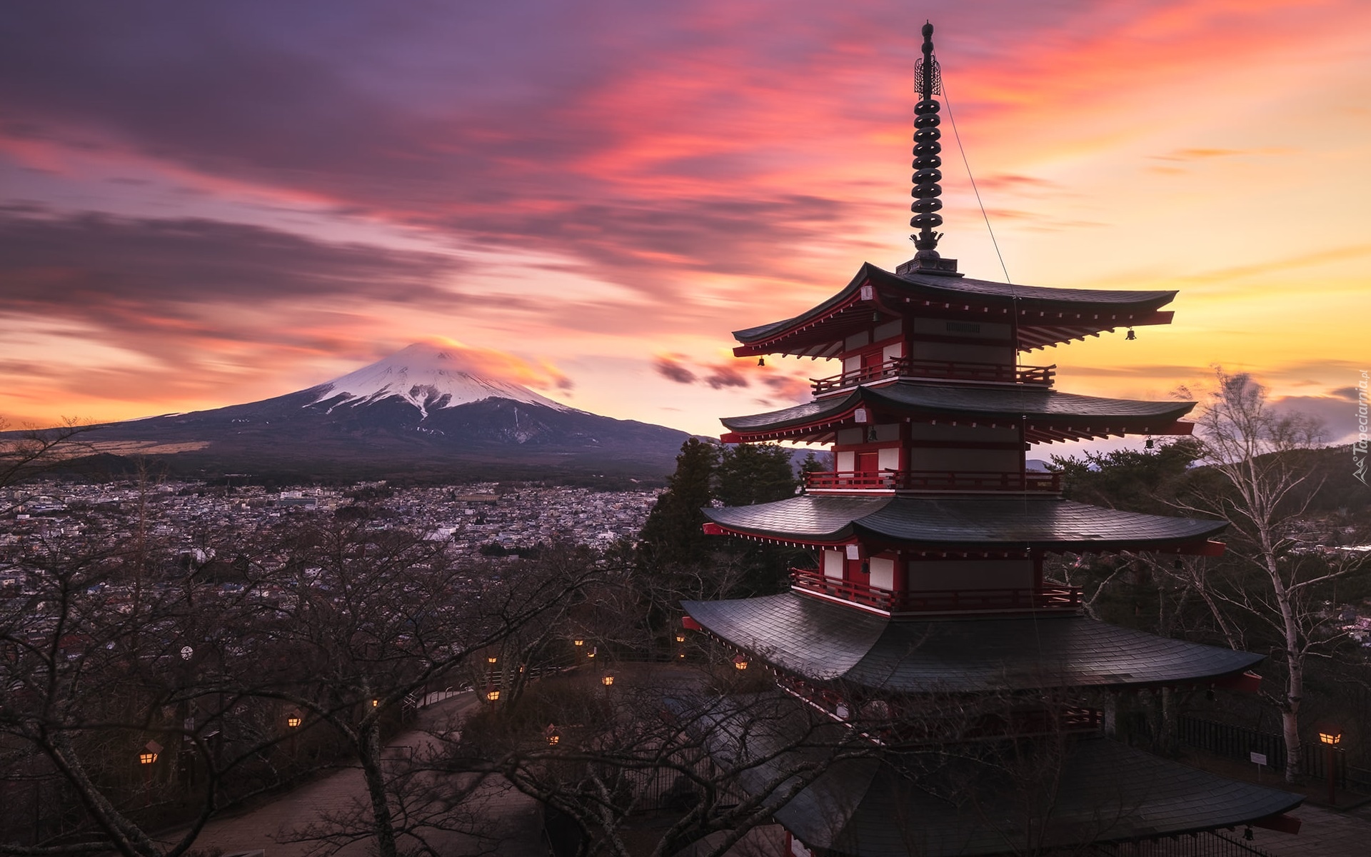 Świątynia, Chureito Pagoda, Góra, Fudżi, Mount Fuji, Miasto Fujiyoshida, Prefektura Yamanashi, Zachód słońca, Wyspa Honsiu, Japonia