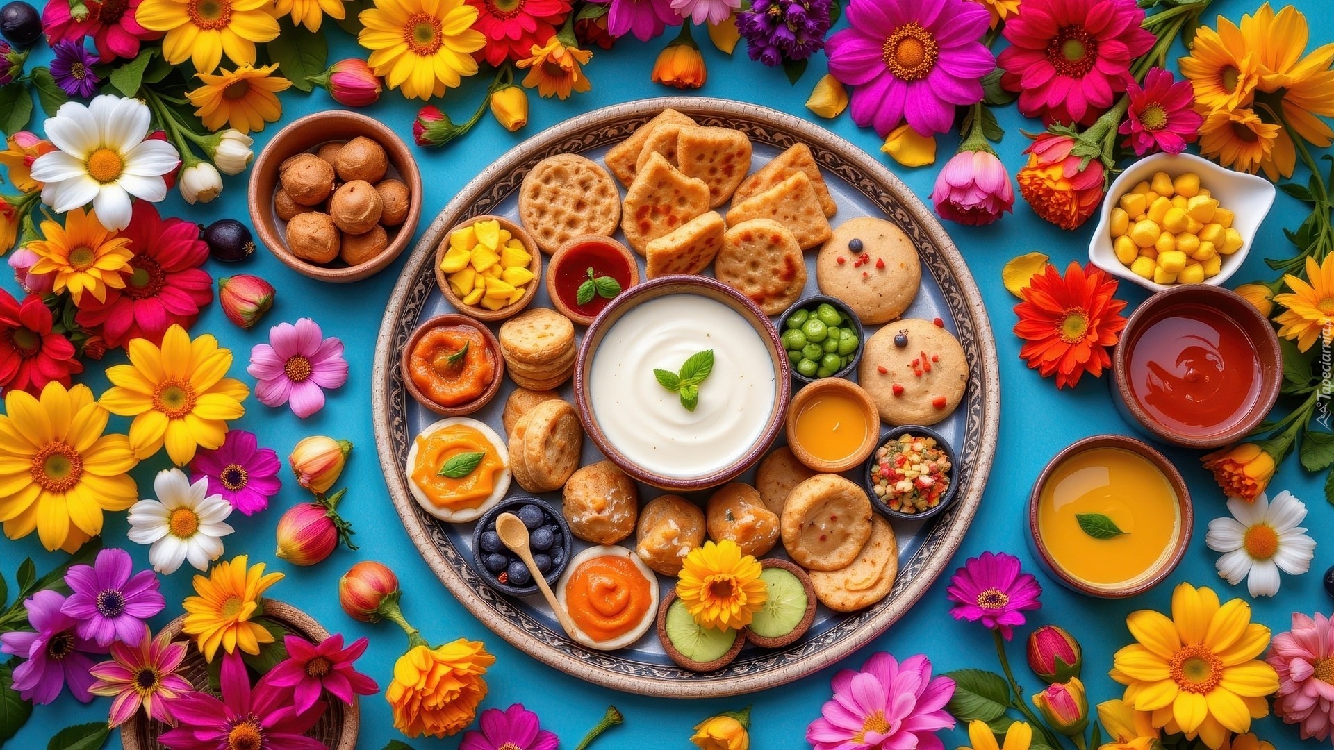 Ciasteczka, Miseczki, Desery, Kolorowe, Kwiaty, Gerbery