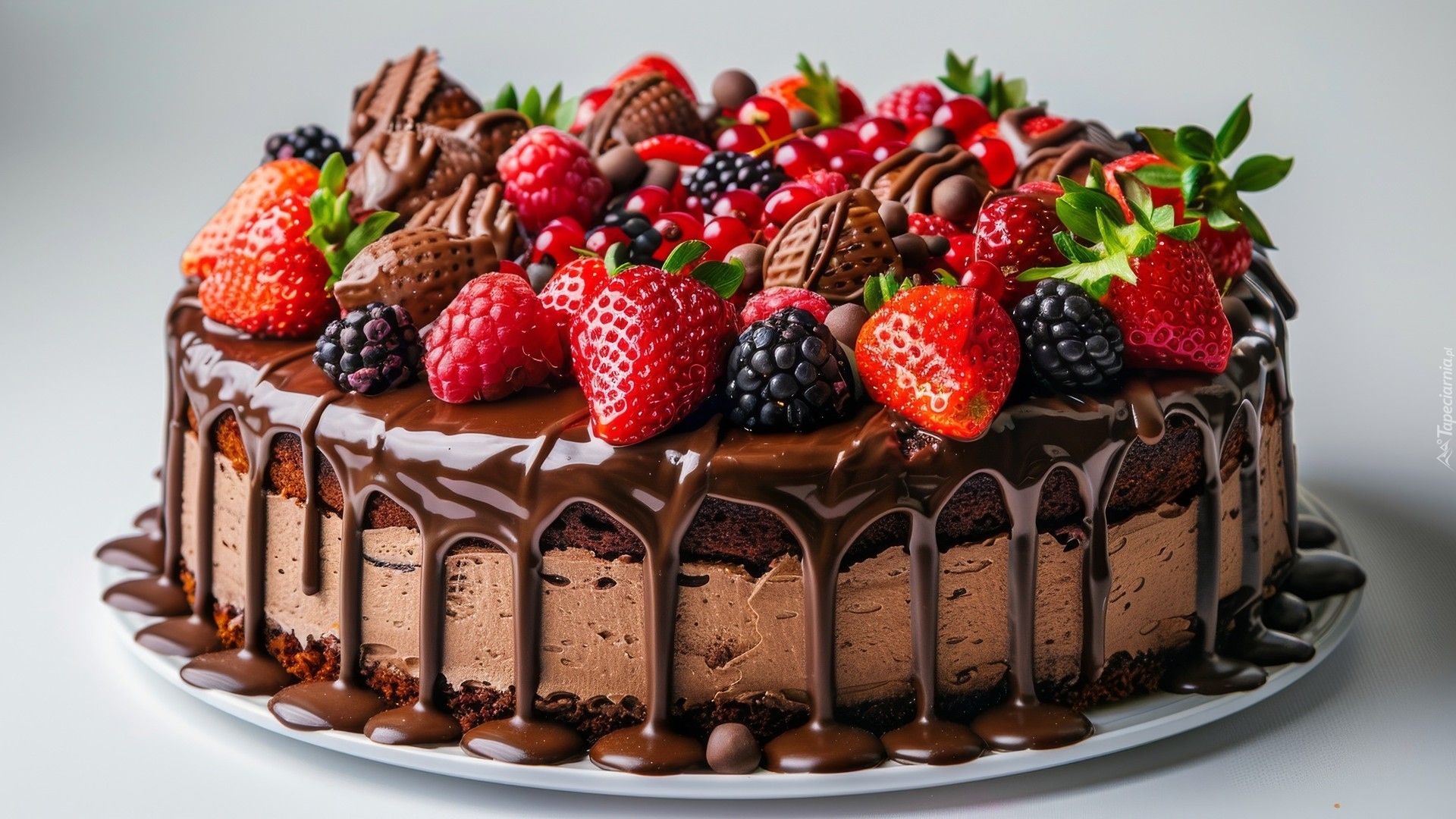 Ciasto, Czekoladowe, Owoce, Truskawki, Jeżyny, Polewa, Talerz