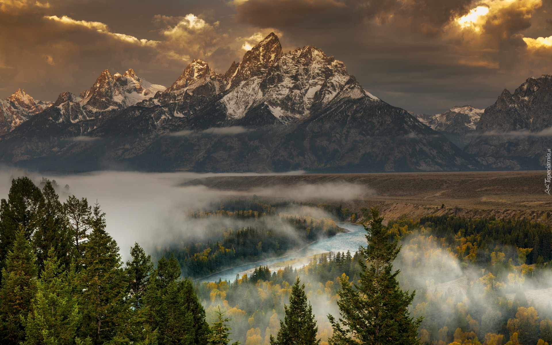 Stany Zjednoczone, Park Narodowy Grand Teton, Góry, Teton Range, Lasy, Drzewa, Mgła, Rzeka, Snake River, Chmury