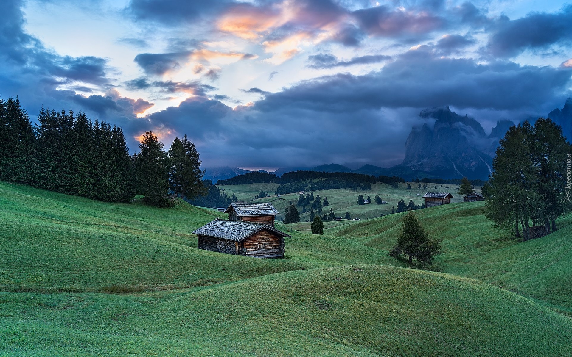 Dolomity, Góry, Sassolungo, Płaskowyż Seiser Alm, Dolina, Val Gardena, Drzewa, Drewniane, Domy, Chmury, Włochy