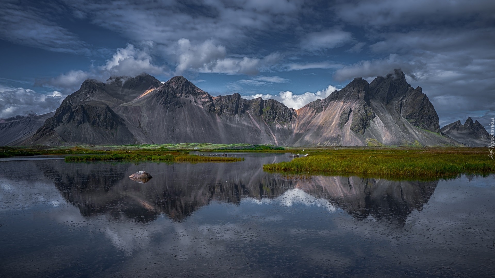 Góra, Vestrahorn, Morze, Chmury, Stokksnes, Islandia