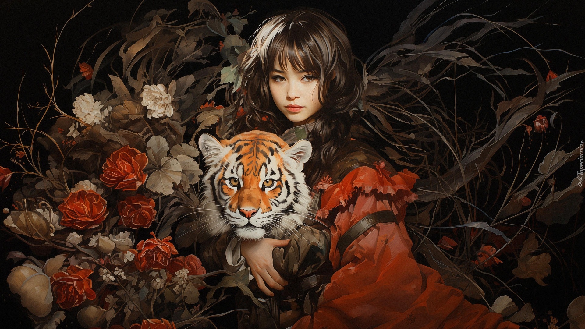 Dziewczyna, Tygrys, Kwiaty