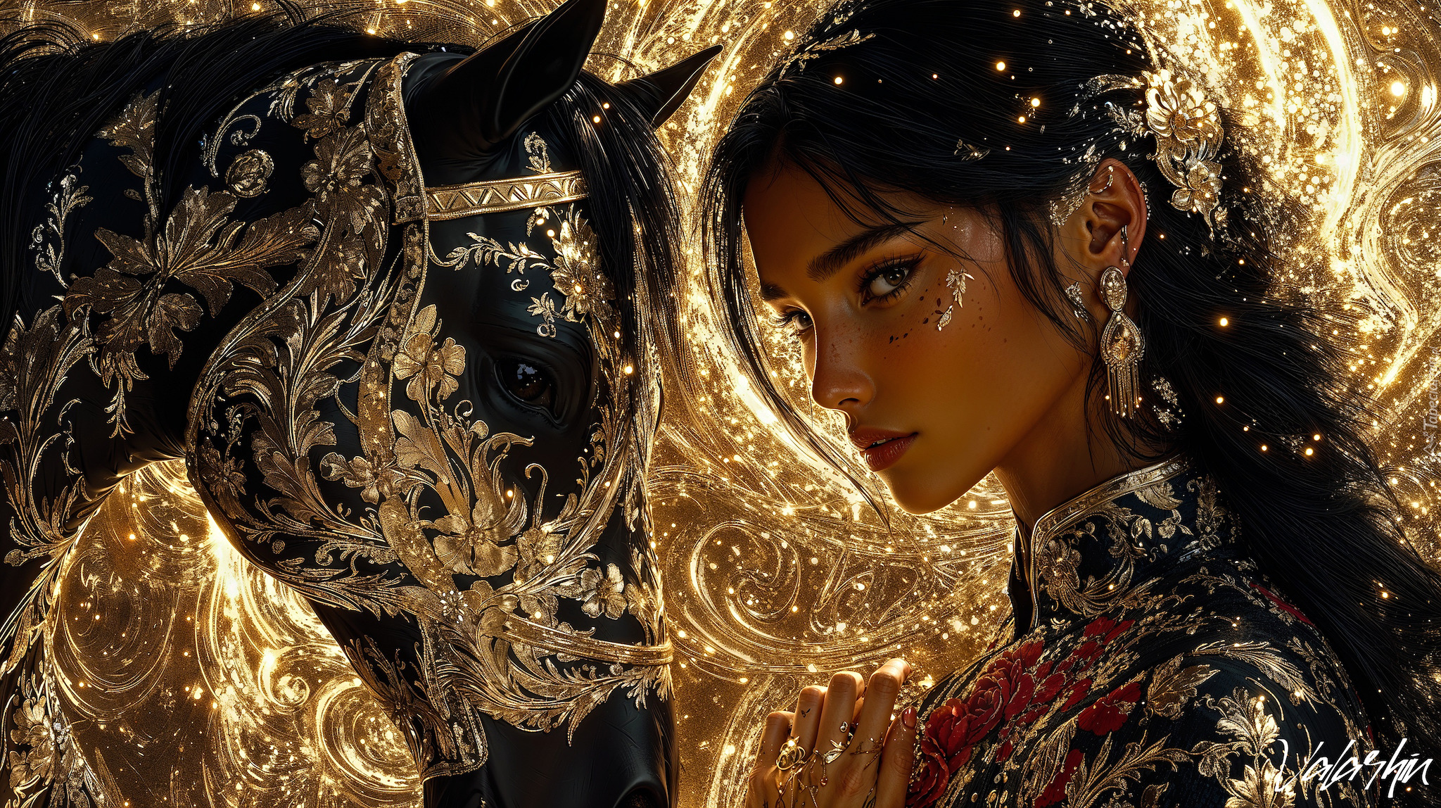 Kobieta, Koń, Złota, Uprząż, Grafika