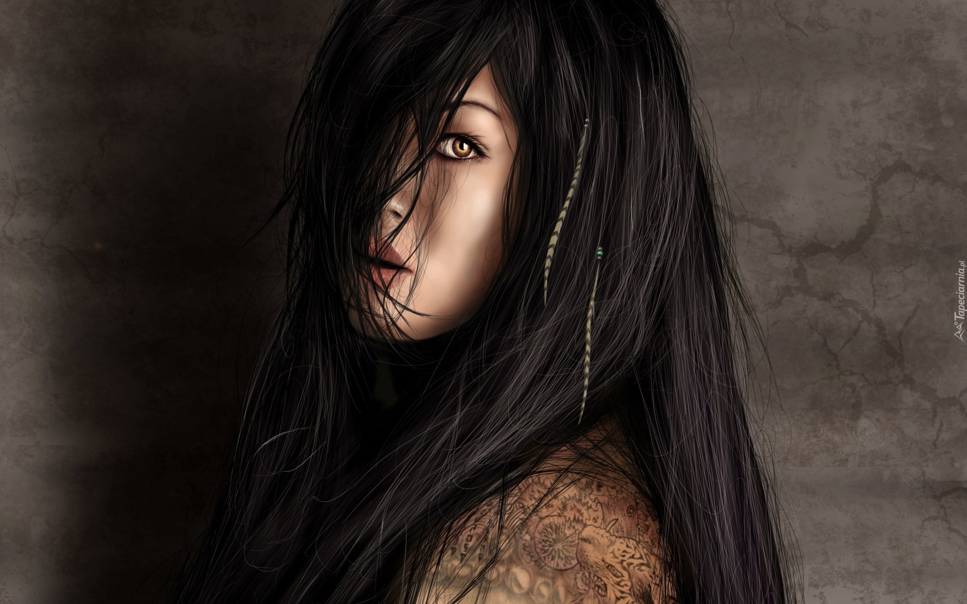 Kobieta, Włosy, Oczy, Tatuaż, Grafika 2D