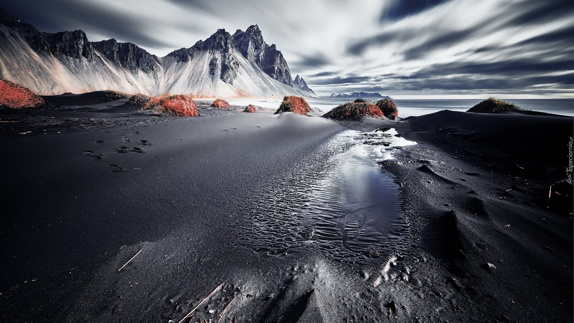 Góra Vestrahorn, Góry, Plaża Stokksnes, Ciemny, Piasek, Islandia