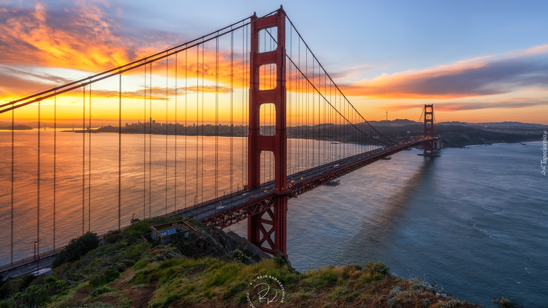 Most, Golden Gate Bridge, Cieśnina Golden Gate, San Francisco, Wschód słońca, Kalifornia, Stany Zjednoczone