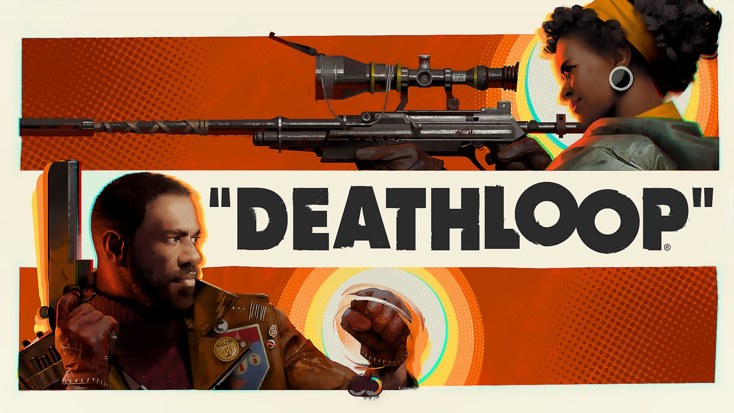 Deathloop, Postacie, Colt Vahna, Julianna Blake, Pistolet, Karabin, Snajperka, Plakat