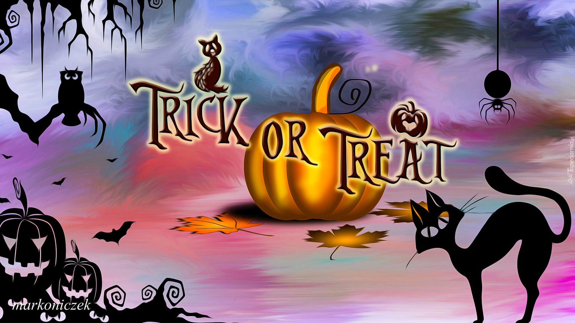 Halloween, Napis, Trick or Treat, Dynia, Kot, Grafika