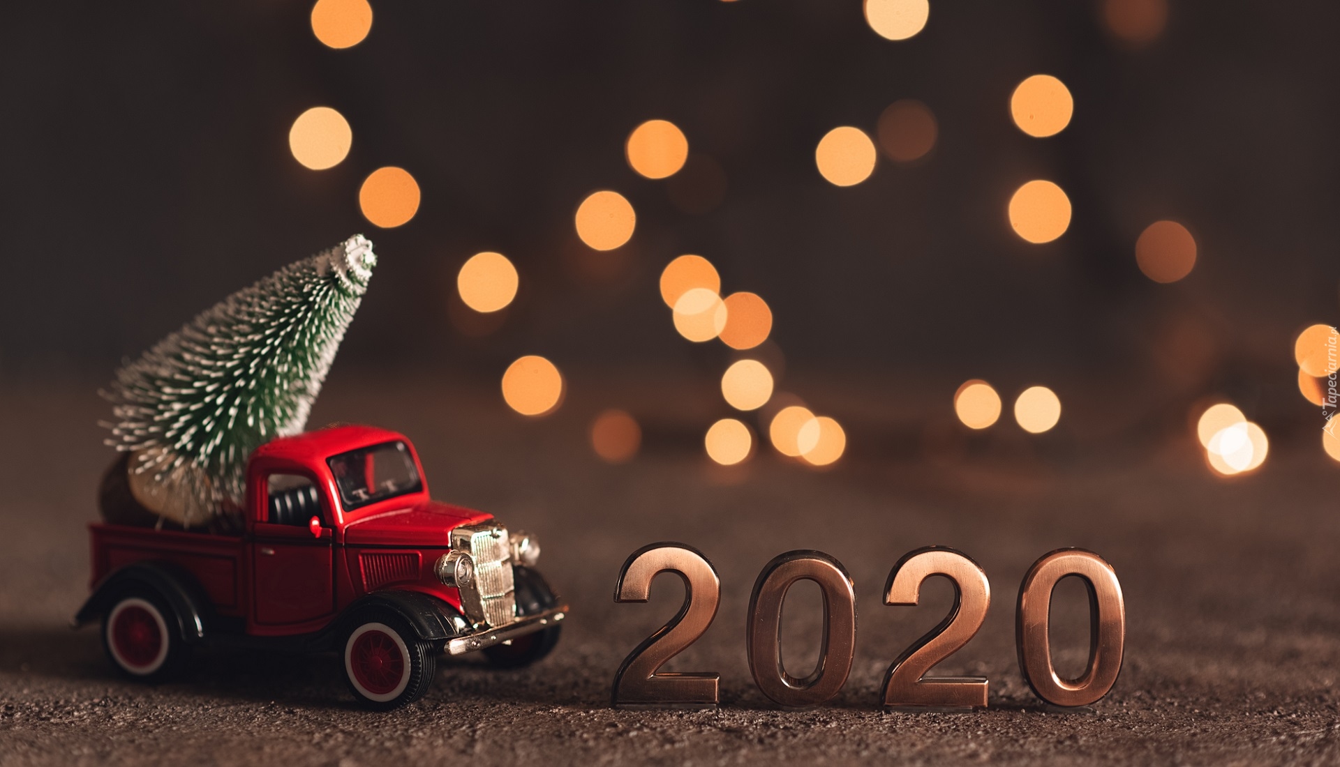 Nowy Rok, Cyfry, 2020, Czerwony, Samochód, Choinka, Bokeh