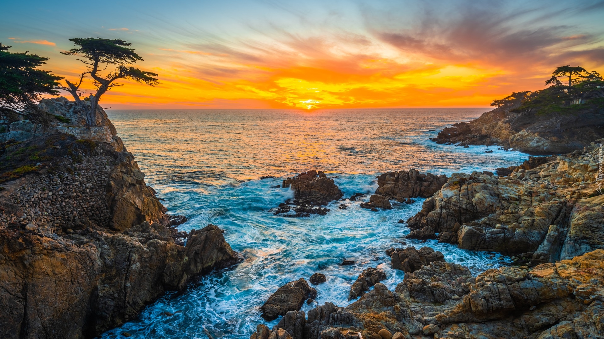 Cyprys wielkoszyszkowy, Atrakcja Lone Cypress, Skała, Morze, Zachód słońca, Pebble Beach, Zatoka, Carmel Bay, Kalifornia, Stany Zjednoczone
