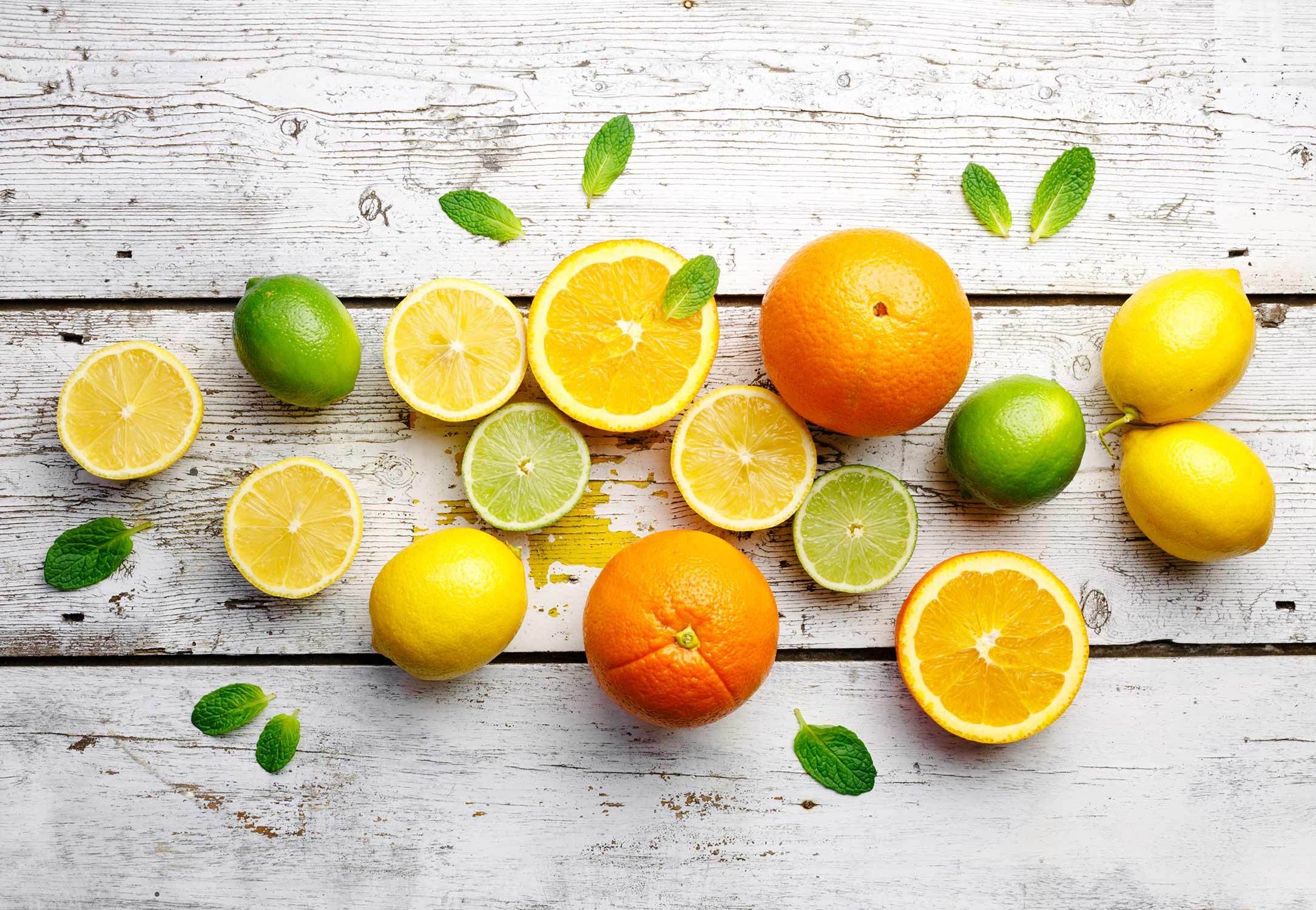 Owoce, Cytrusy, Pomarańcze, Cytryny, Limonki, Listki, Drewniane, Deski