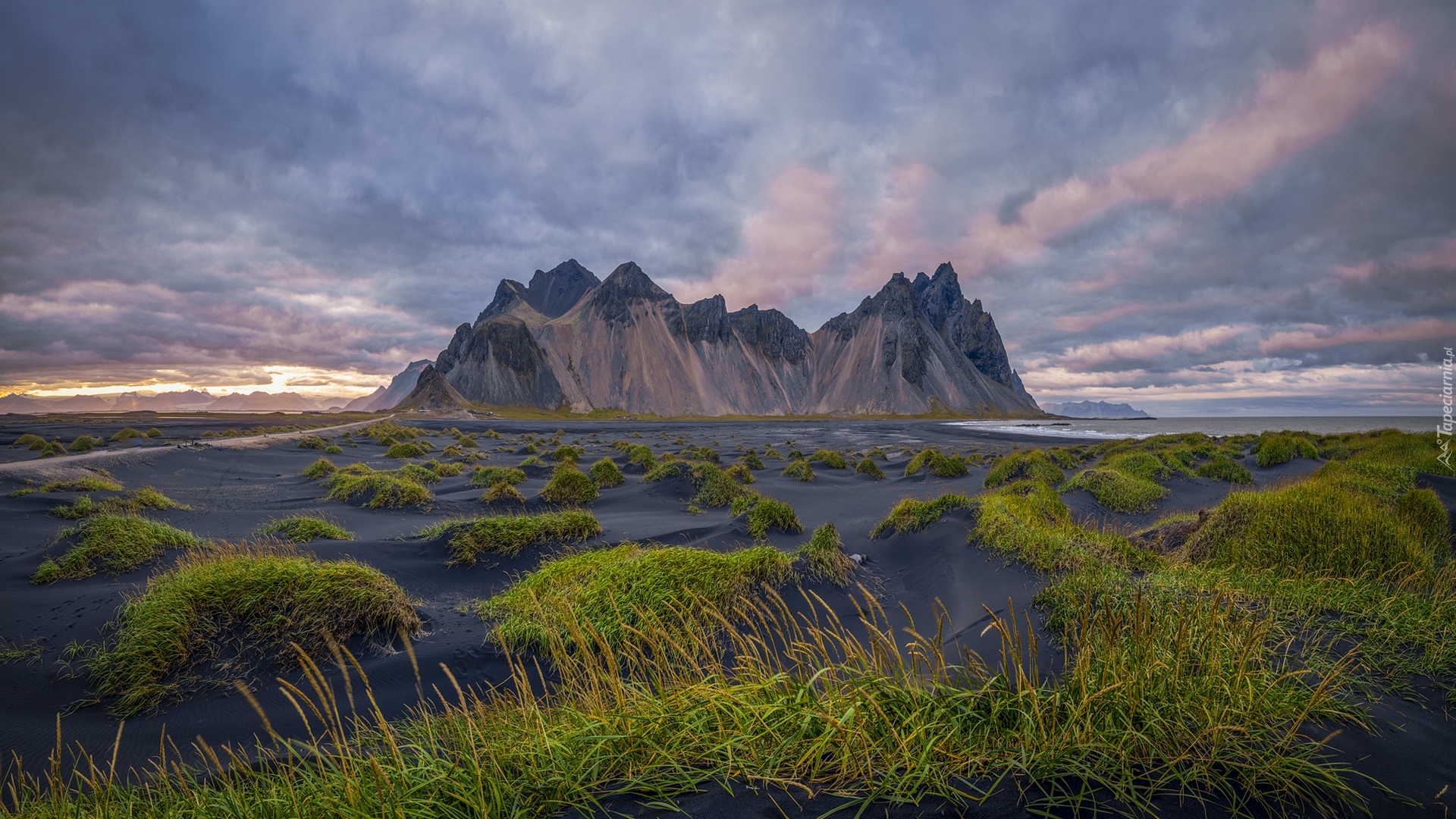 Islandia, Góry, Góra Vestrahorn, Plaża, Czarny, Piasek, Trawa