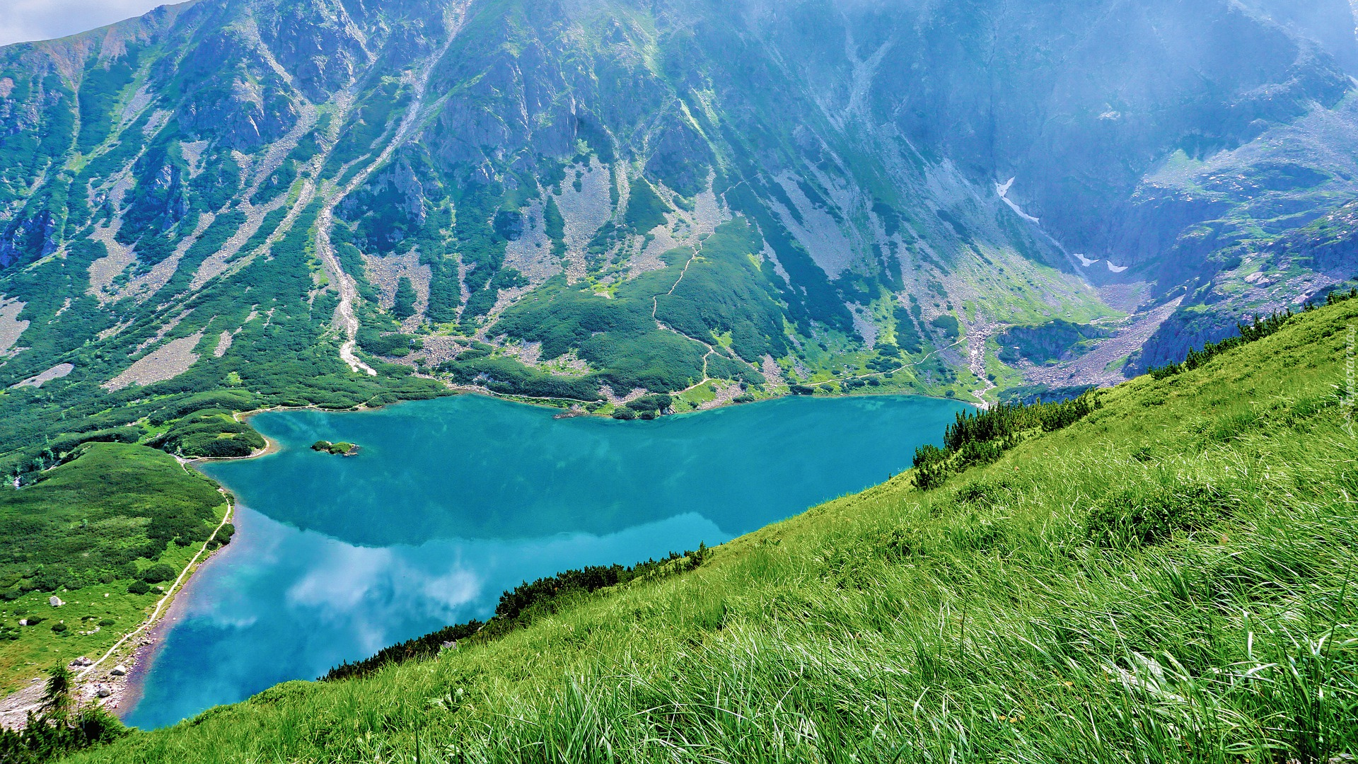 Góry, Tatry, Jezioro, Czarny Staw Gąsienicowy, Wzgórze, Trawa, Polska