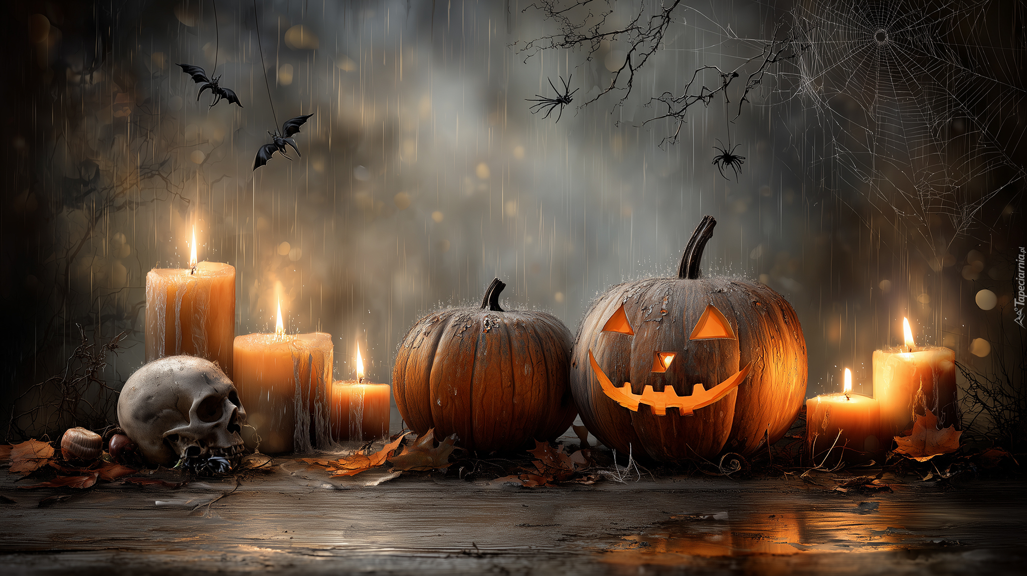 Halloween, Dynie, Czaszka, Świece, Deszcz, Grafika AI