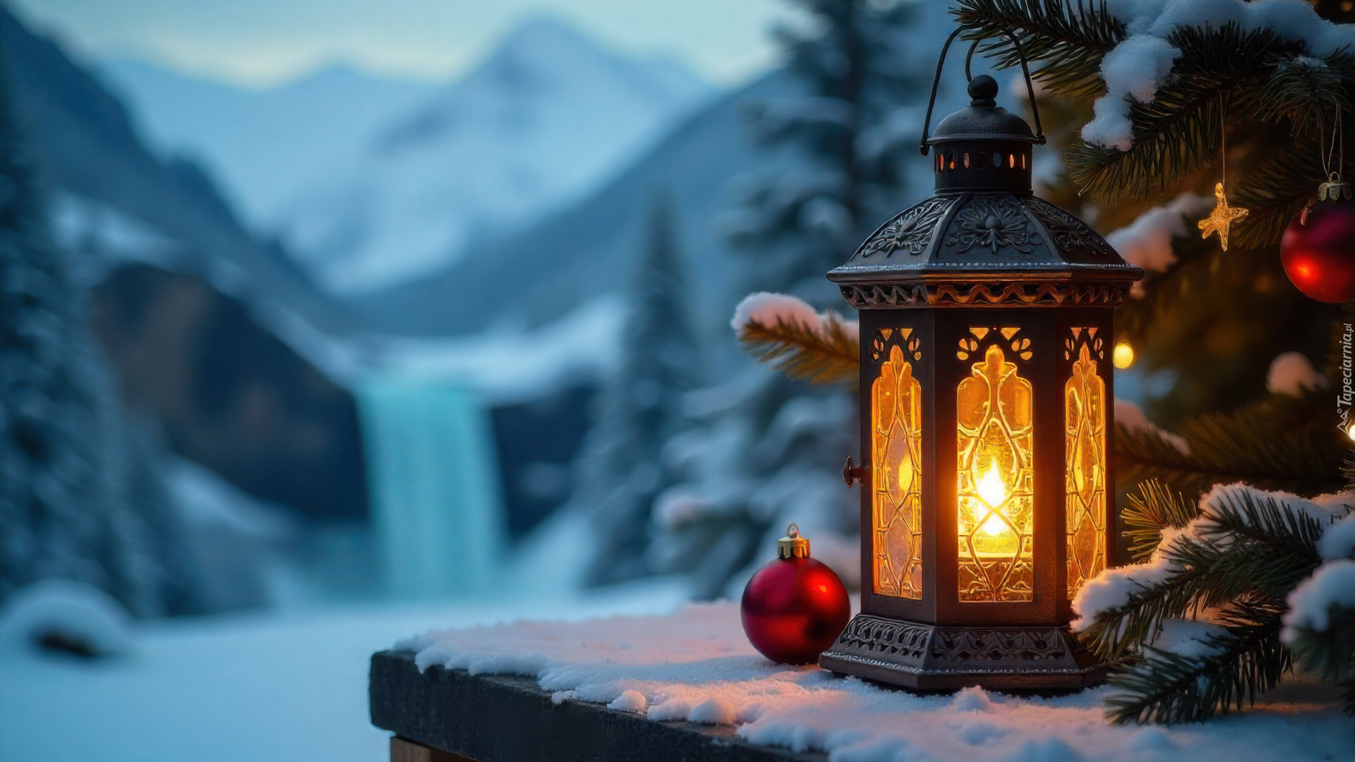Boże Narodzenie, Śnieg, Lampion, Świeca, Bombki, Choinka, AI