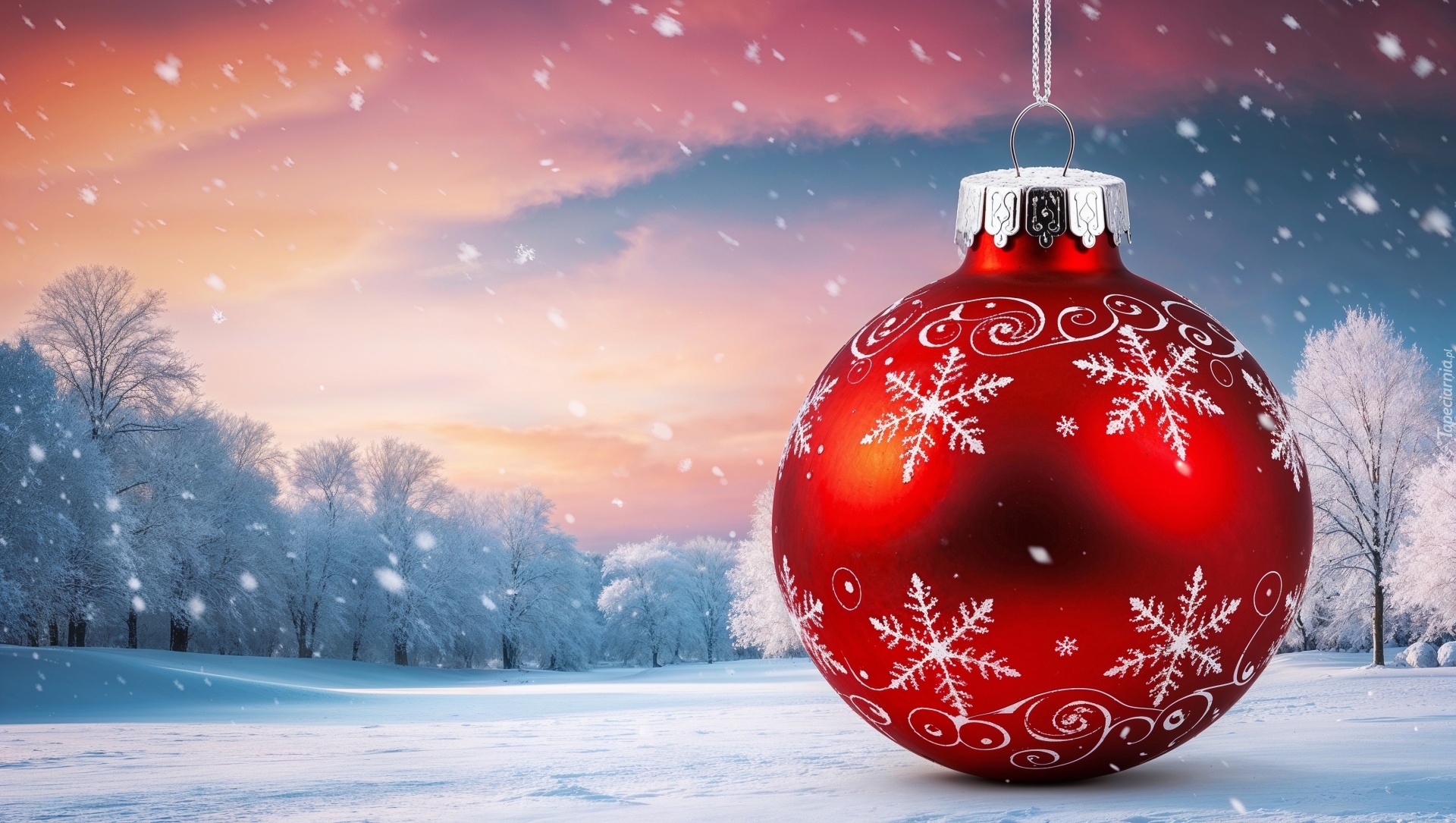 Boże Narodzenie, Czerwona, Bombka, Zima, Drzewa, Śnieg