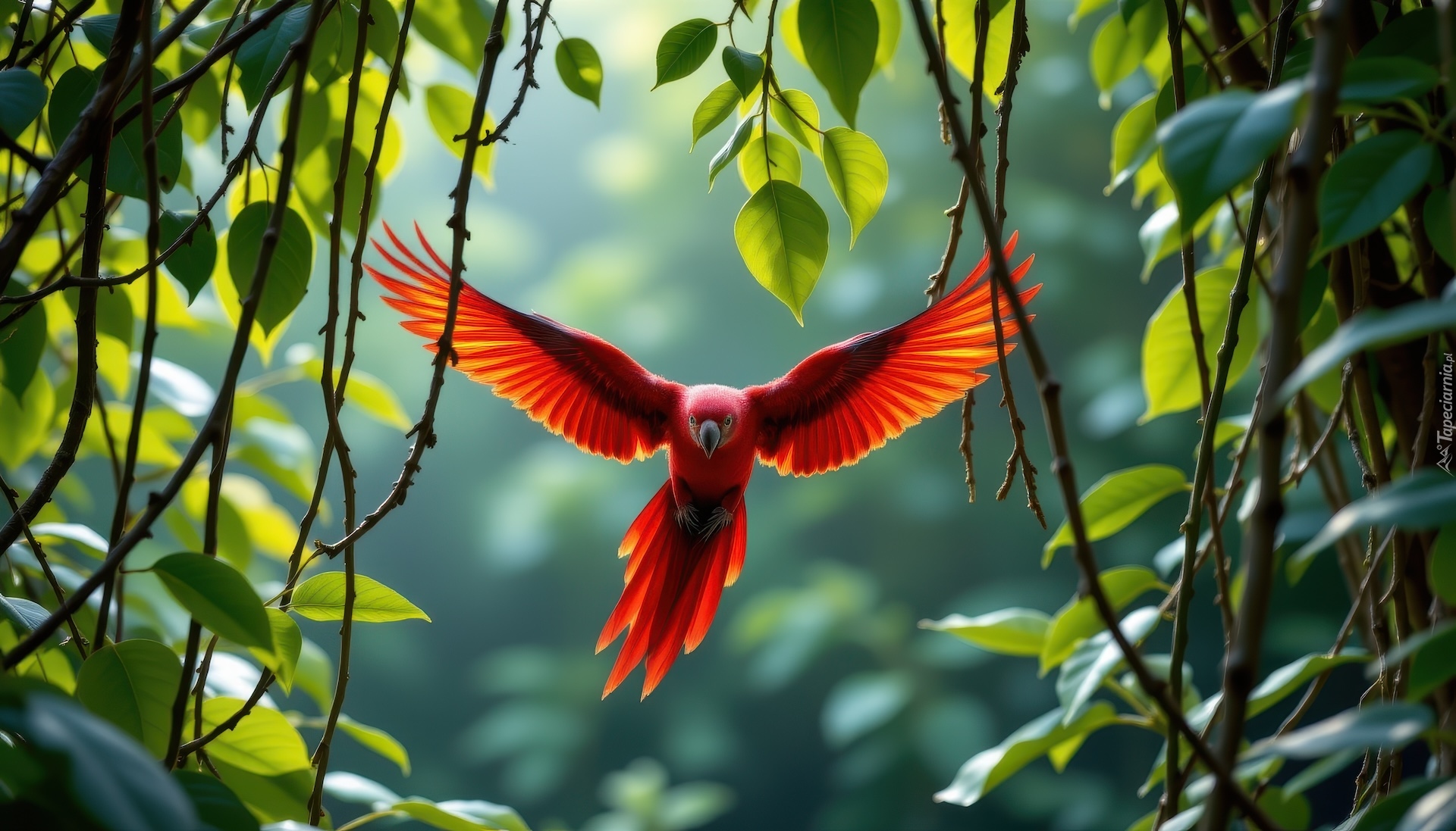 Ptak, Czerwona, Papuga, Liany, Liście, AI