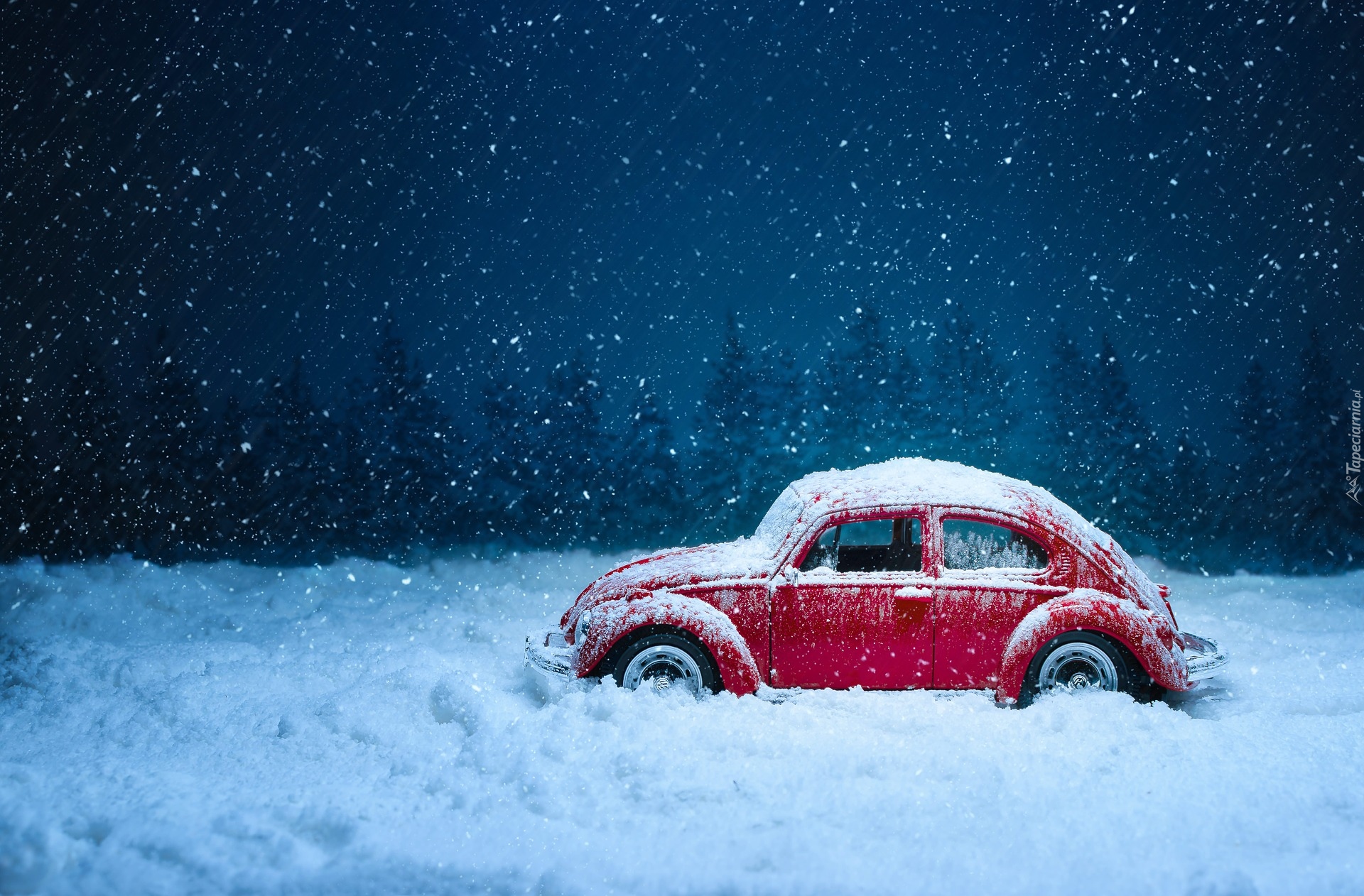 Zima, Śnieg, Czerwone, Autko, Zabawka, Model Volkswagen Beetle