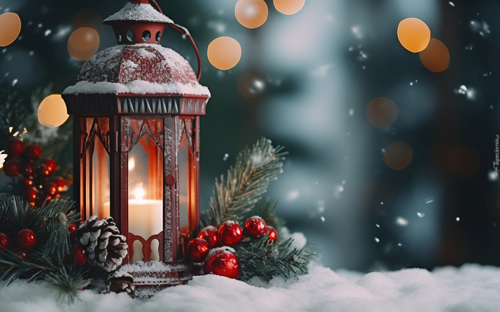 Śnieg, Lampion, Gałązki, Bombki, Boże Narodzenie