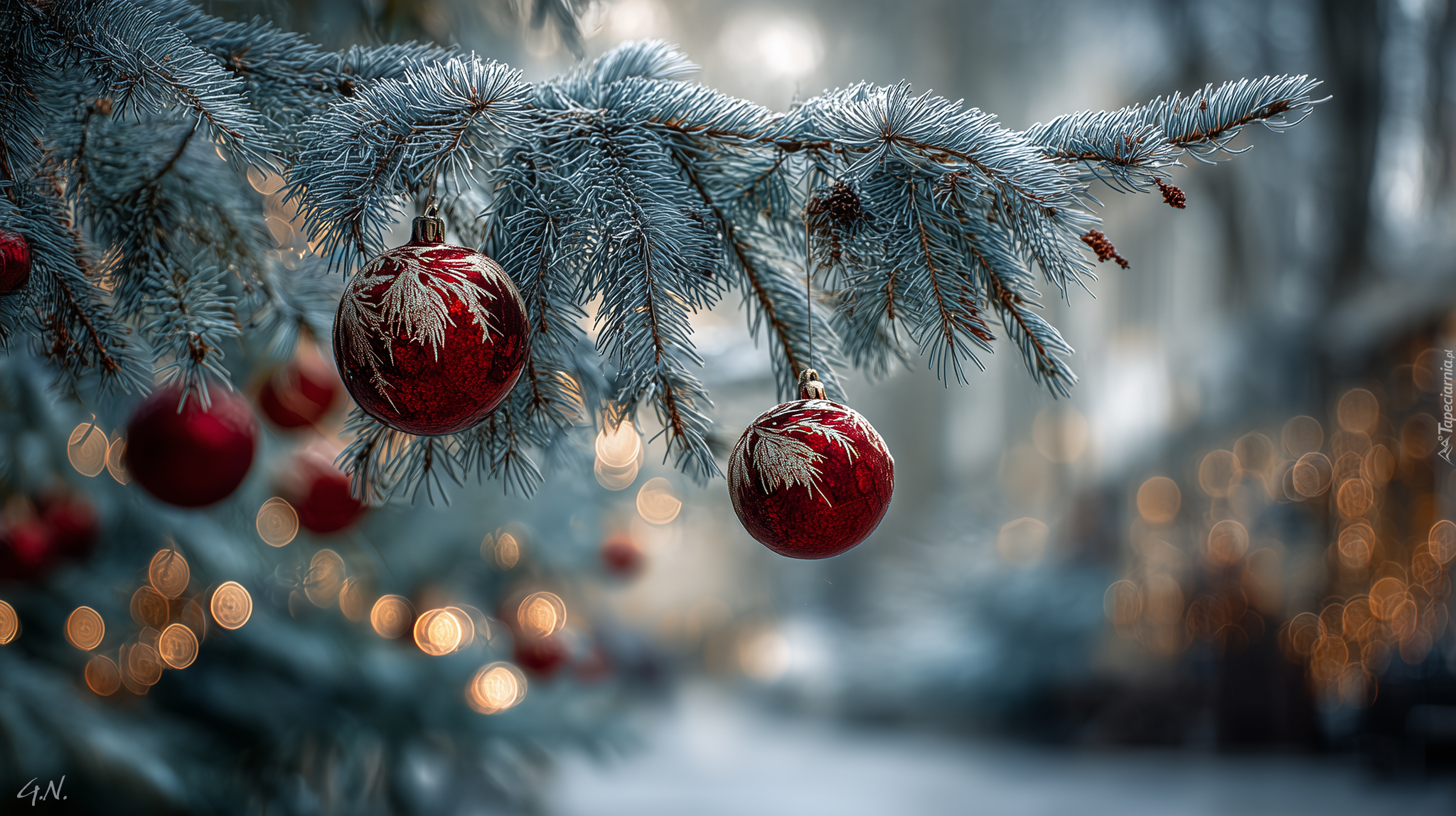 Boże Narodzenie, Czerwone, Bombki, Gałązka, Świerk, Grafika AI