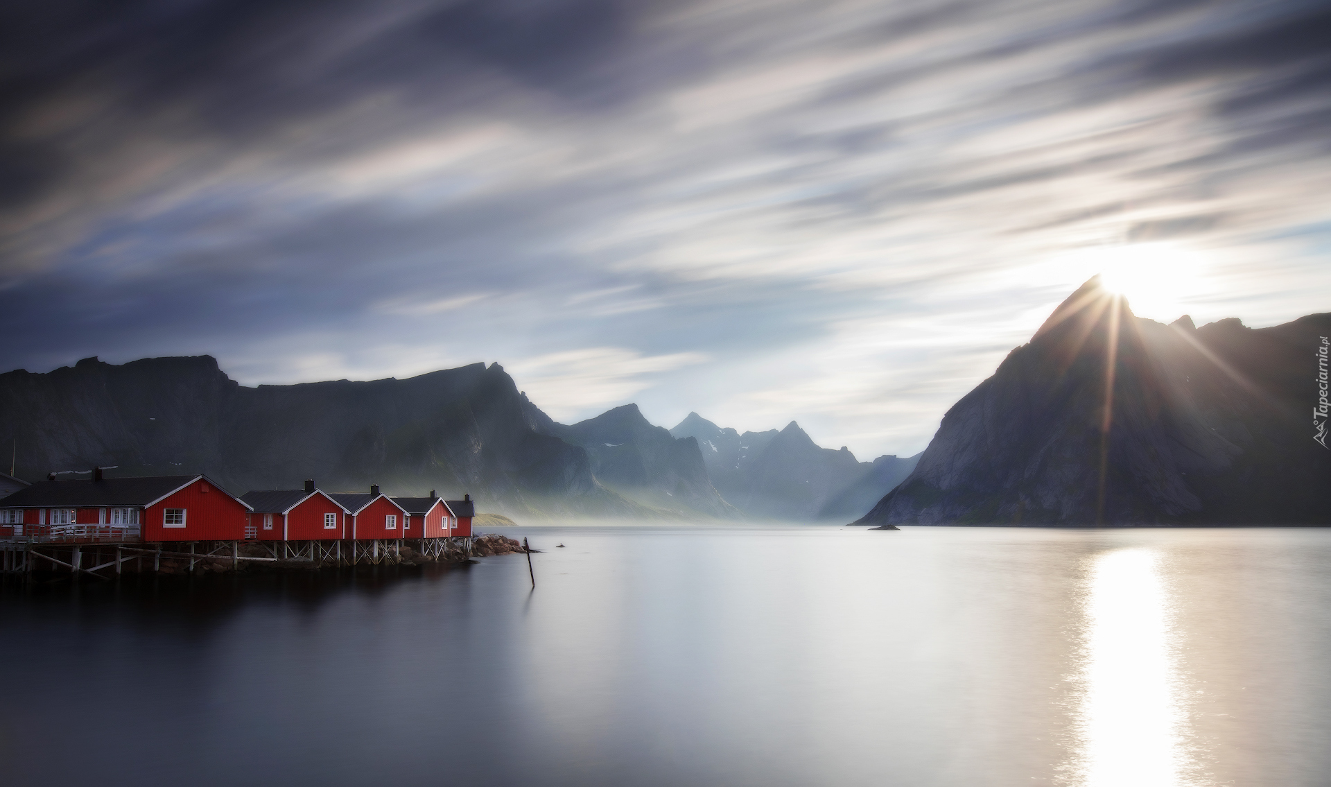 Góry, Wieś Reine, Czerwone, Domy, Morze Norweskie, Lofoty, Norwegia