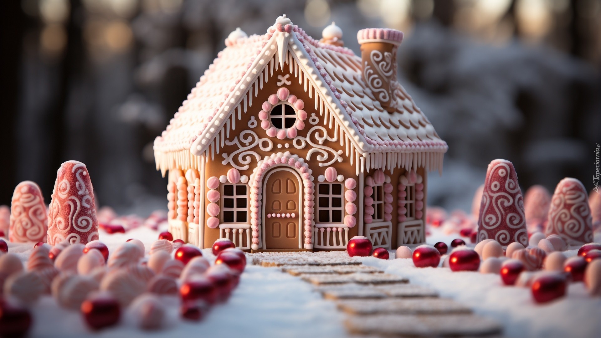 Pierniki, Udekorowany, Domek, Stożki, Czerwone, Białe, Kule, AI