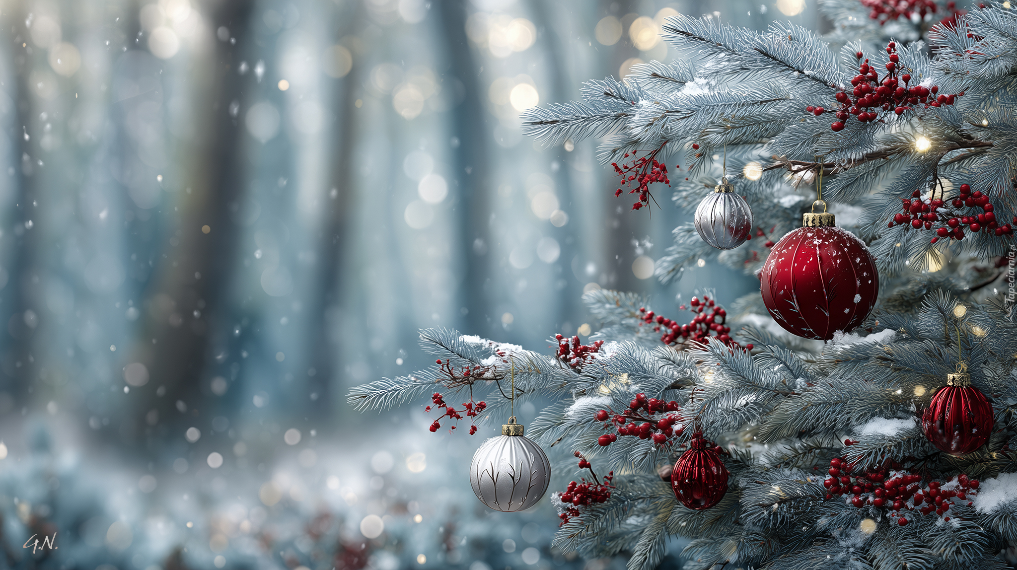 Boże Narodzenie, Choinka, Czerwone, Srebrne, Bombki, Grafika AI