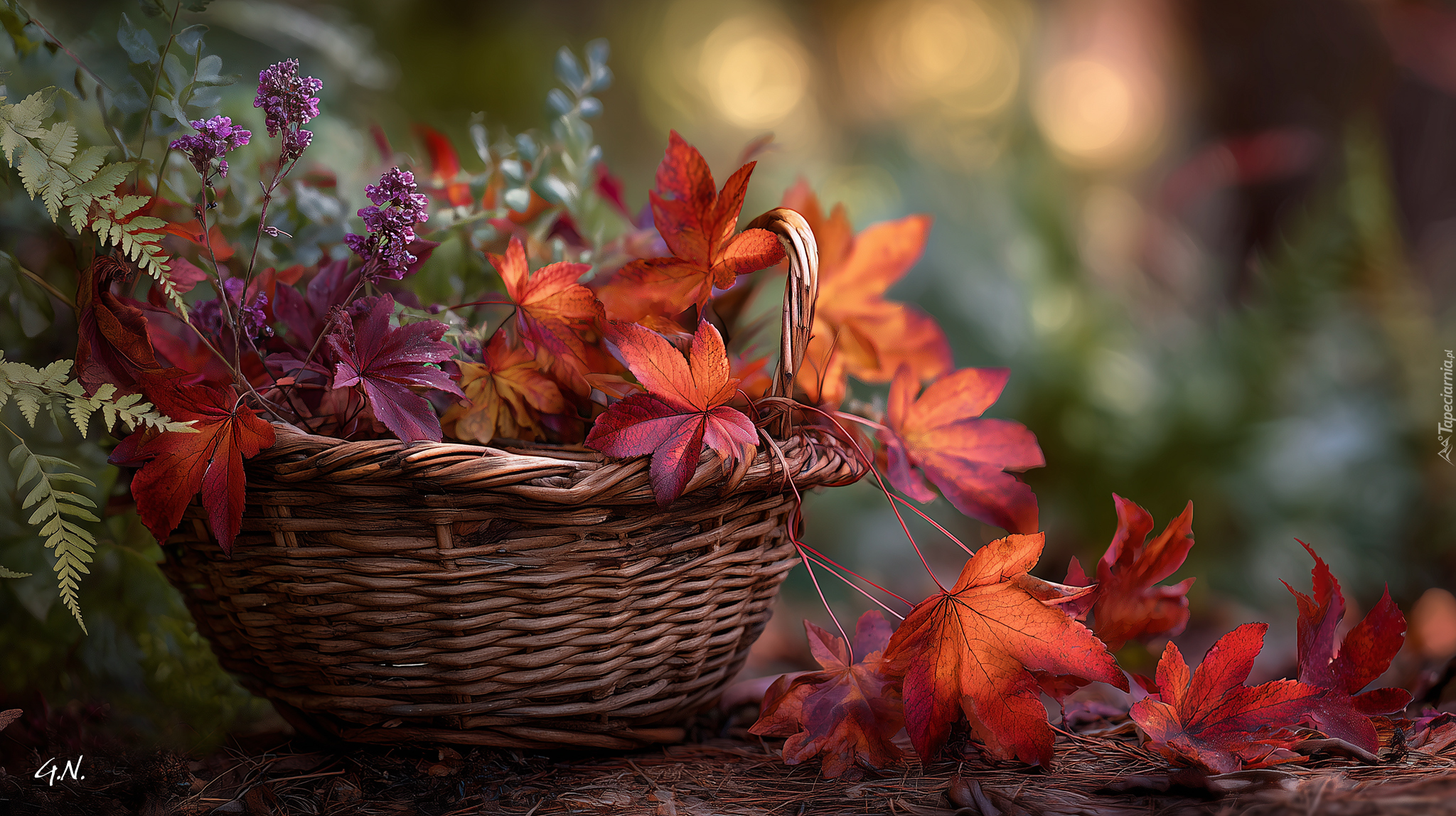 Kosz, Czerwone, Liście, Jesienne, Grafika AI