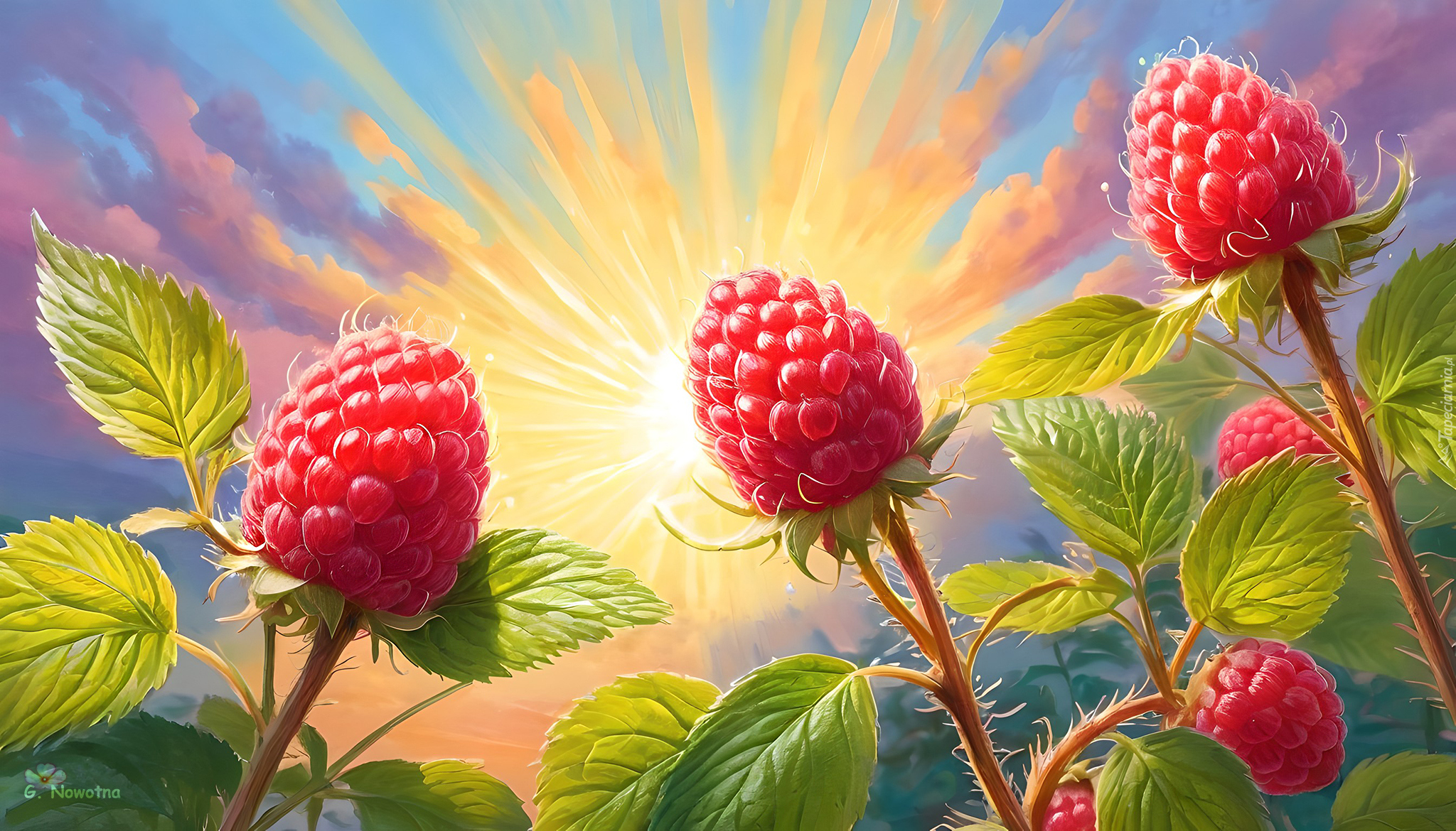 Maliny, Liście, Słońce, Owoce, Grafika