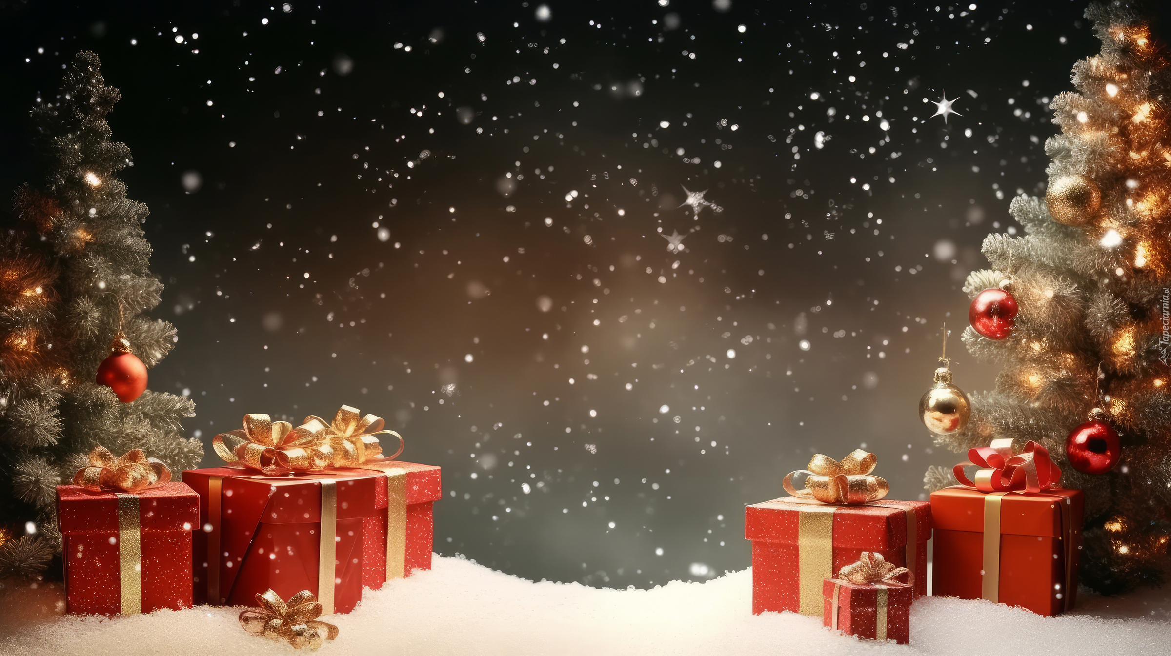 Boże Narodzenie, Śnieg, Choinki, Prezenty