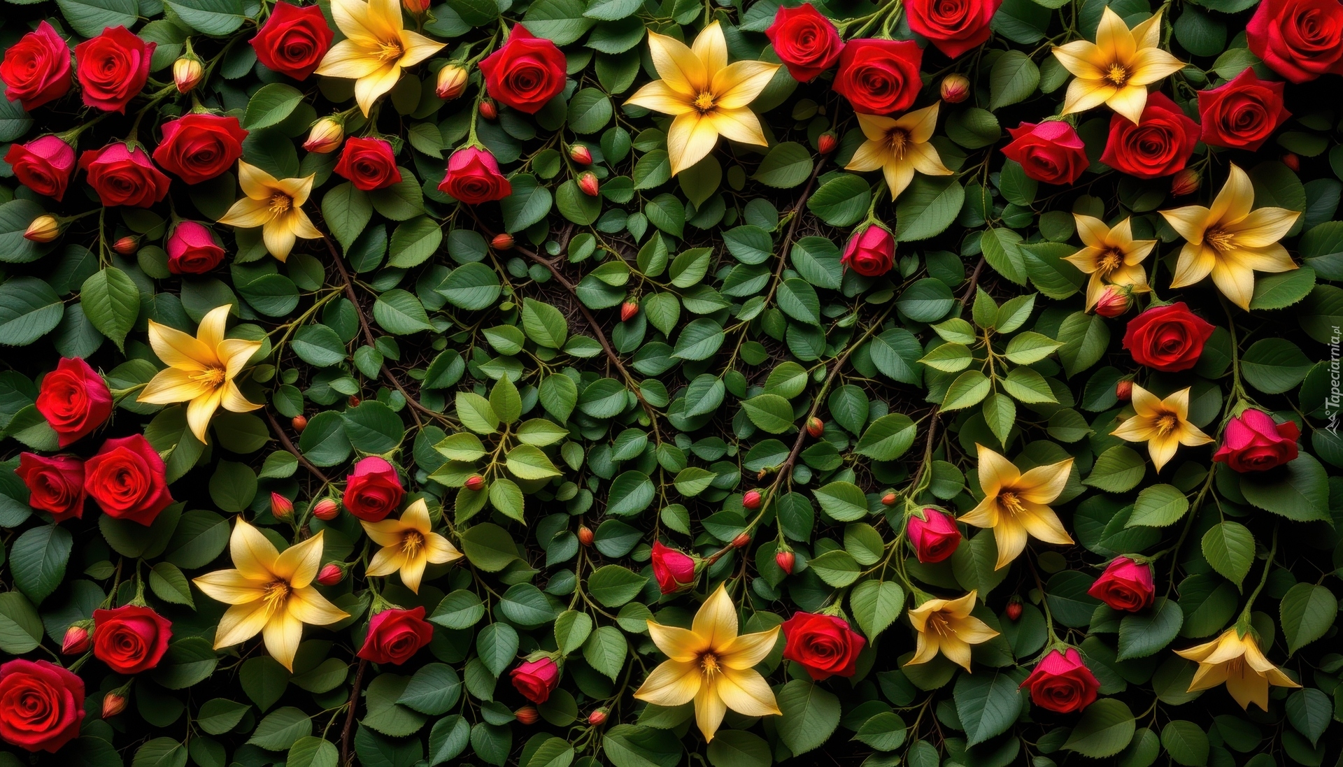 Gałązki, Listki, Czerwone, Róże, Żółte, Kwiaty