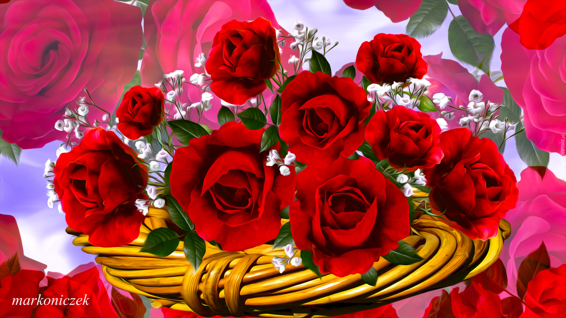 Kwiaty, Czerwone, Róże, Koszyczek, Grafika