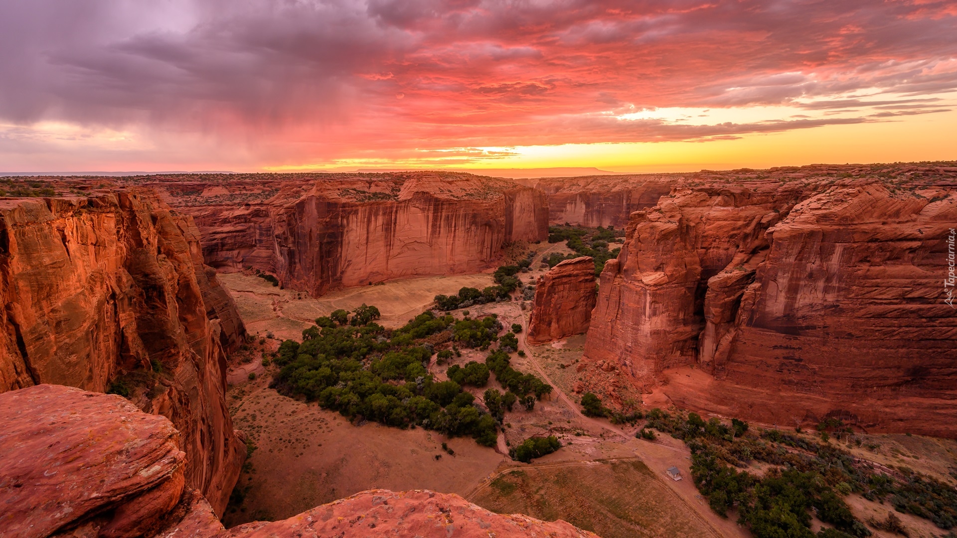 Stany Zjednoczone, Arizona, Kanion, Canyon de Chelly National Monument, Skały, Drzewa, Dom, Zachód słońca