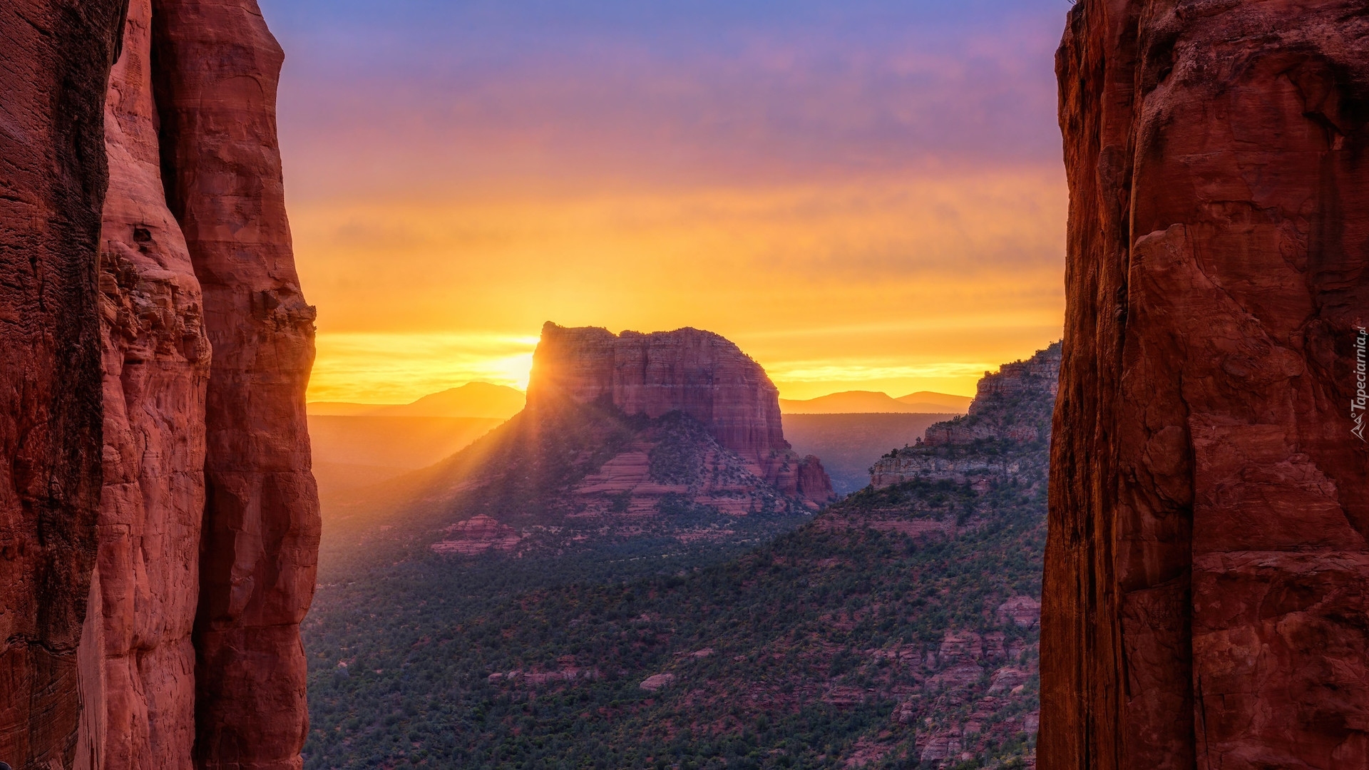 Zachód słońca, Czerwone, Skały, Cathedral Rocks, Sedona, Arizona, Stany Zjednoczone
