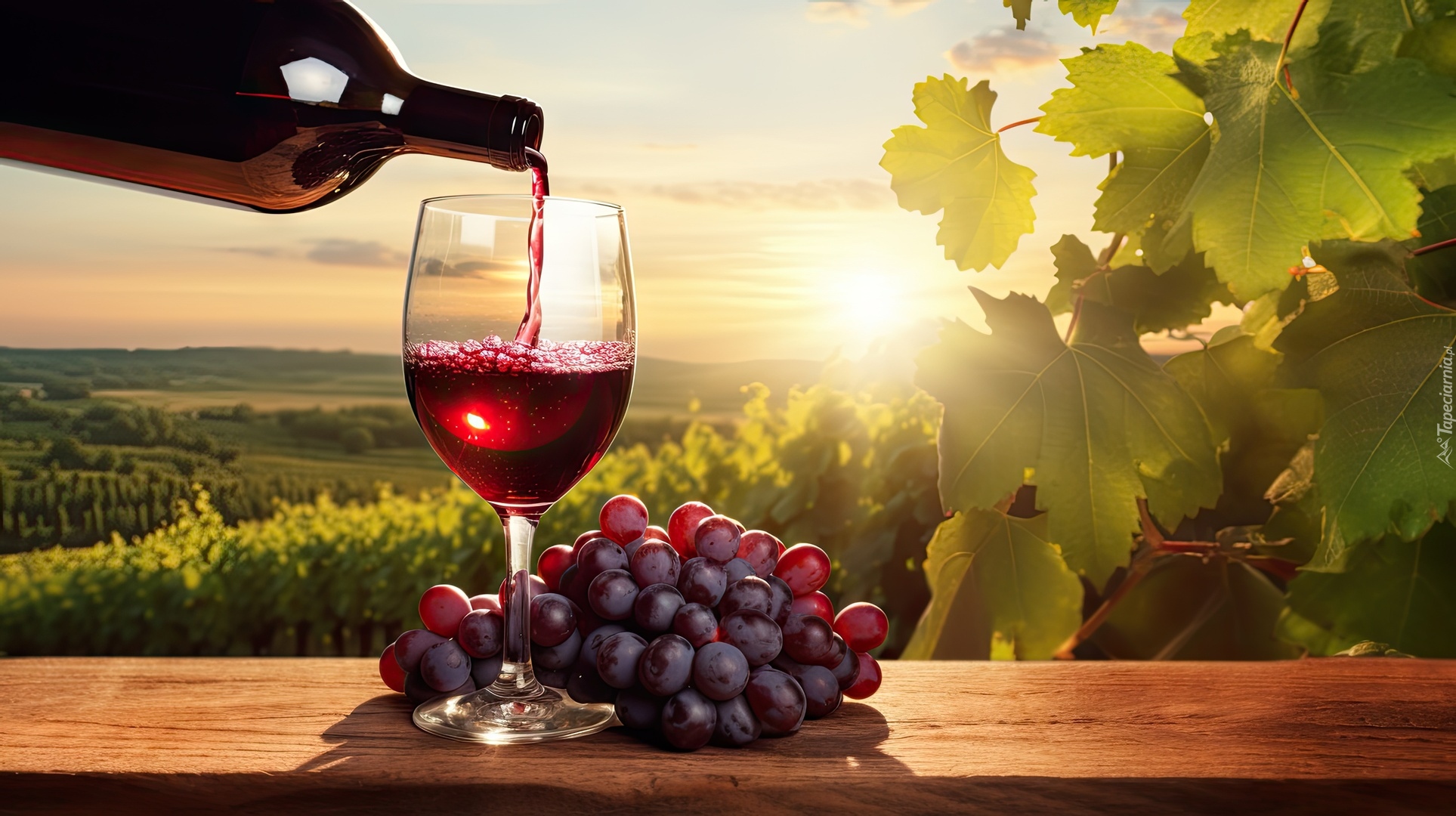 Wino, Czerwone, Winogrona, Kieliszek, Liście, Słońce, Grafika AI
