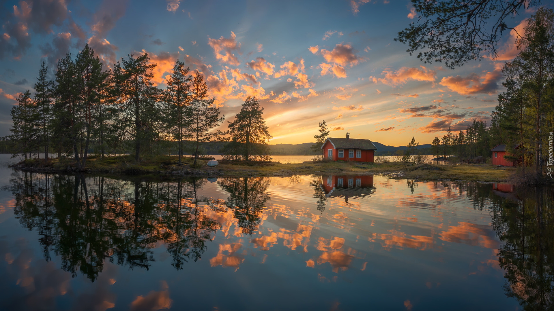 Zachód słońca, Chmury, Jezioro Vaeleren, Dom, Drzewa, Chmury, Odbicie, Ringerike, Norwegia