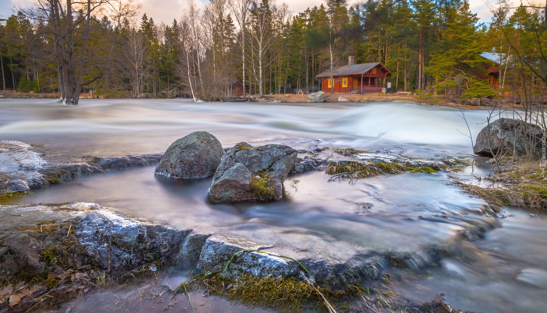 Finlandia, Kotka, Las, Rzeka Kymijoki, Kamienie, Dom