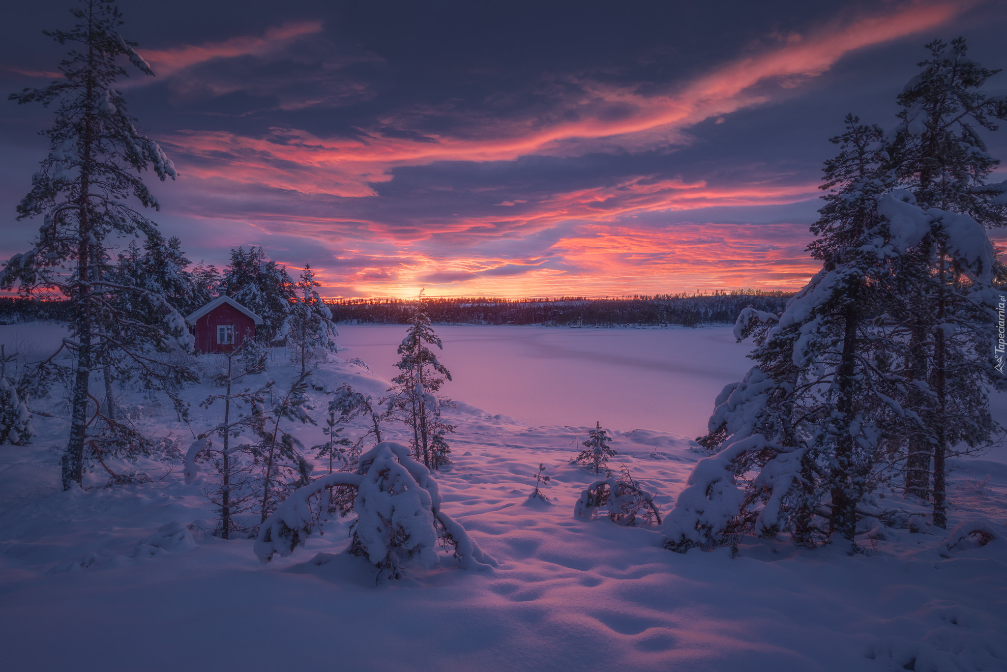 Zima, Drzewa, Dom, Zaśnieżone, Jezioro, Chmury, Zachód słońca, Ringerike, Norwegia
