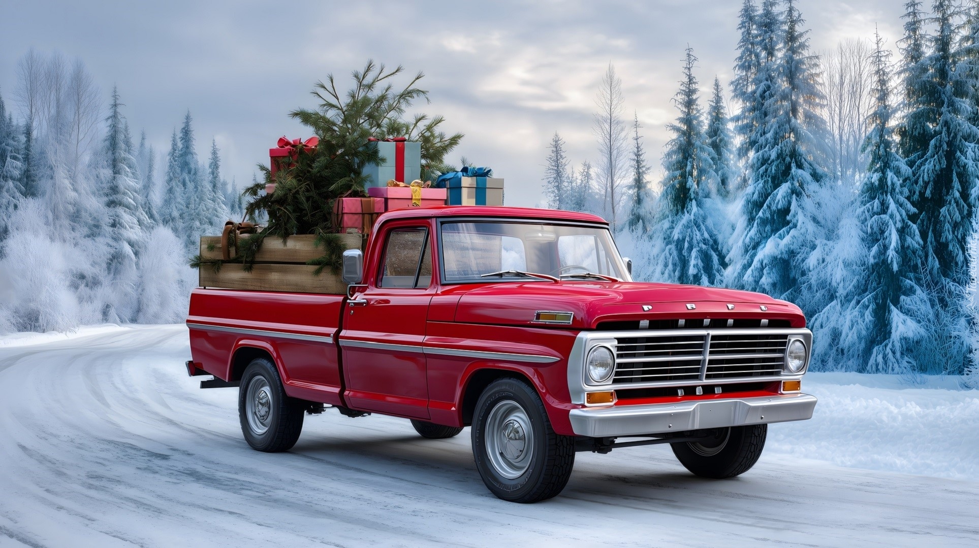 Czerwony, Ford, Pickup, Prezenty, Choinka, Droga, Las, Świąteczne, Zima, Grafika