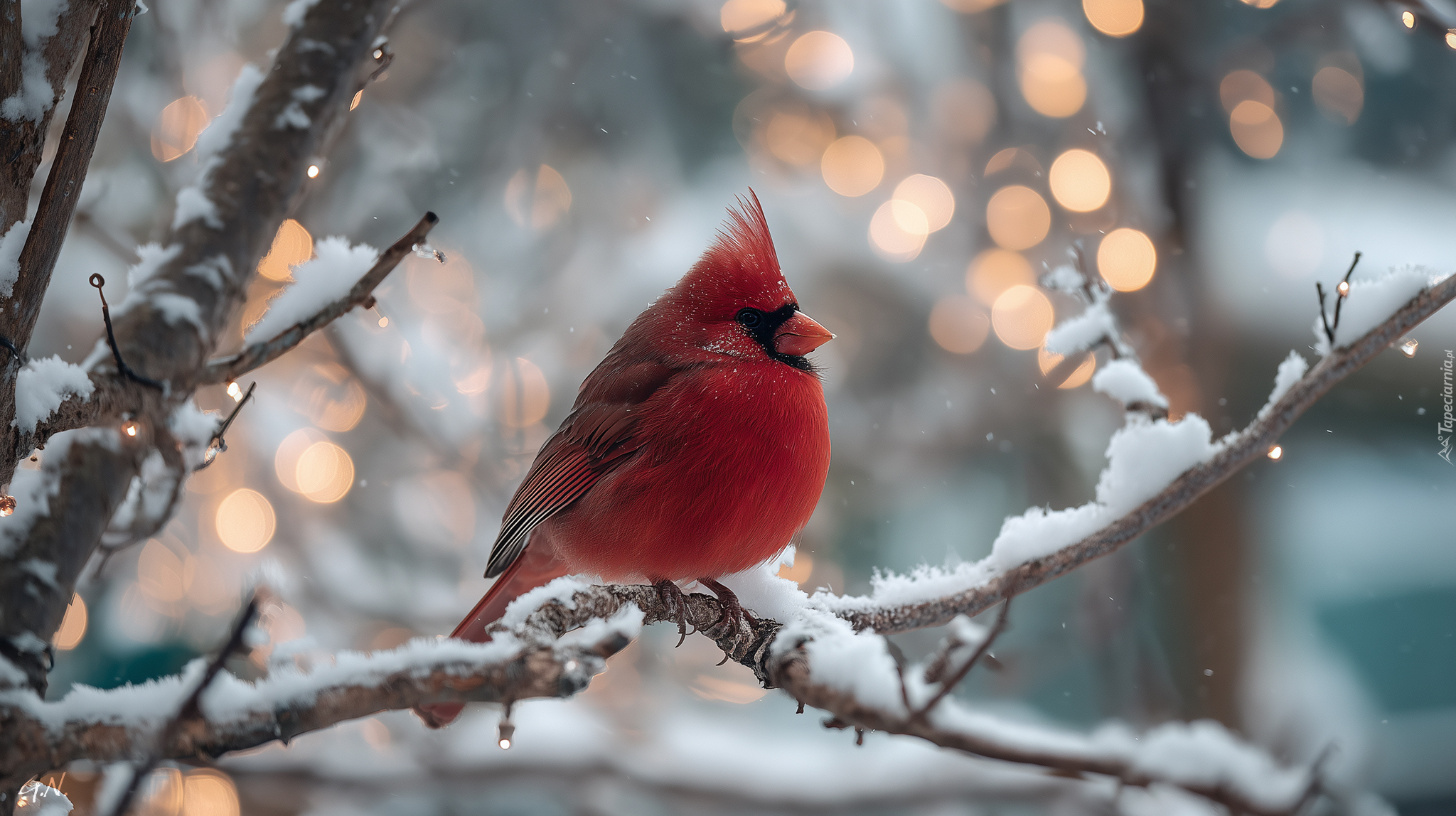 Czerwony, Ptak, Kardynał, Gałązka, Zima, Grafika AI