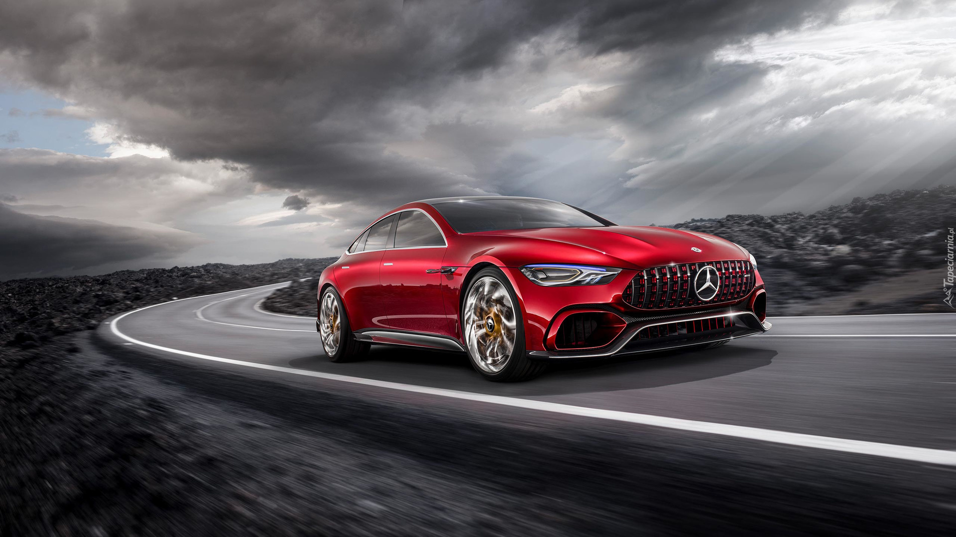 Czerwony, Mercedes AMG GT Concept, 2017, Szosa, Chmury