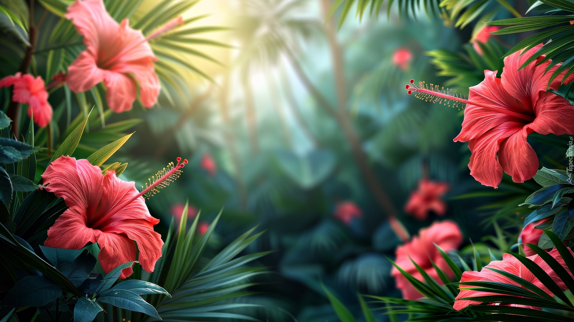 Hibiskus, Kwiaty, Czerwone, Liście, Grafika