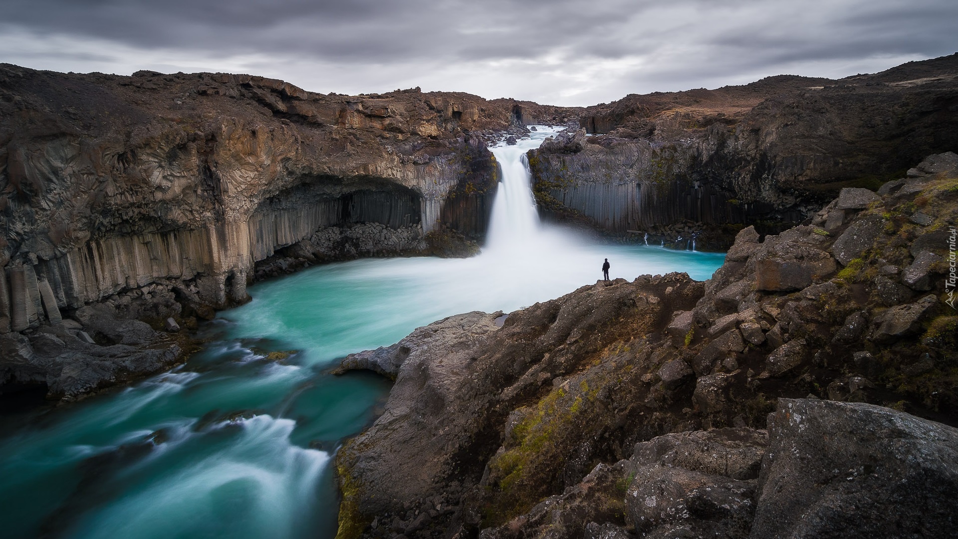 Islandia, Wodospad Aldeyjarfoss, Bazaltowe, Skały, Rzeka Skjalfandafljot, Chmury, Człowiek