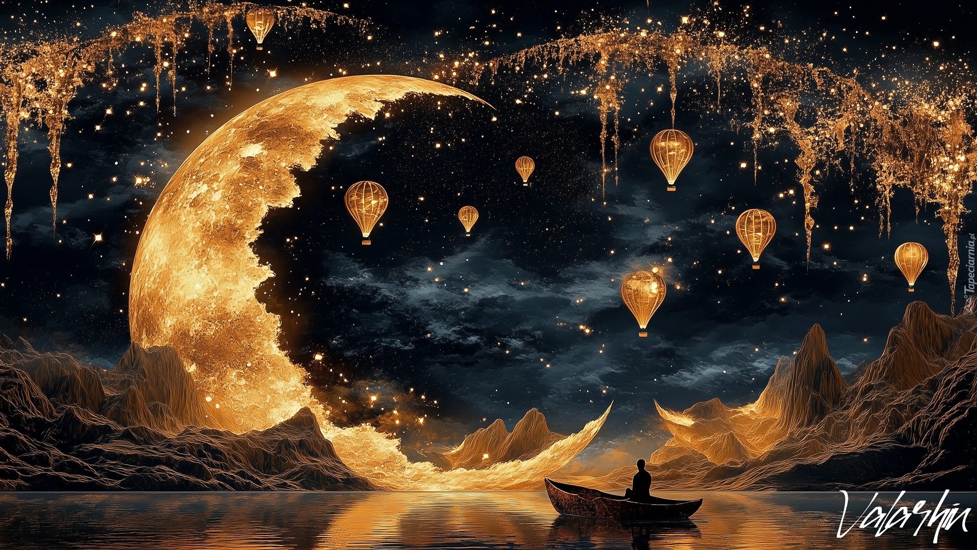 Jezioro, Łódka, Człowiek, Góry, Balony, Noc, Księżyc, Fantasy