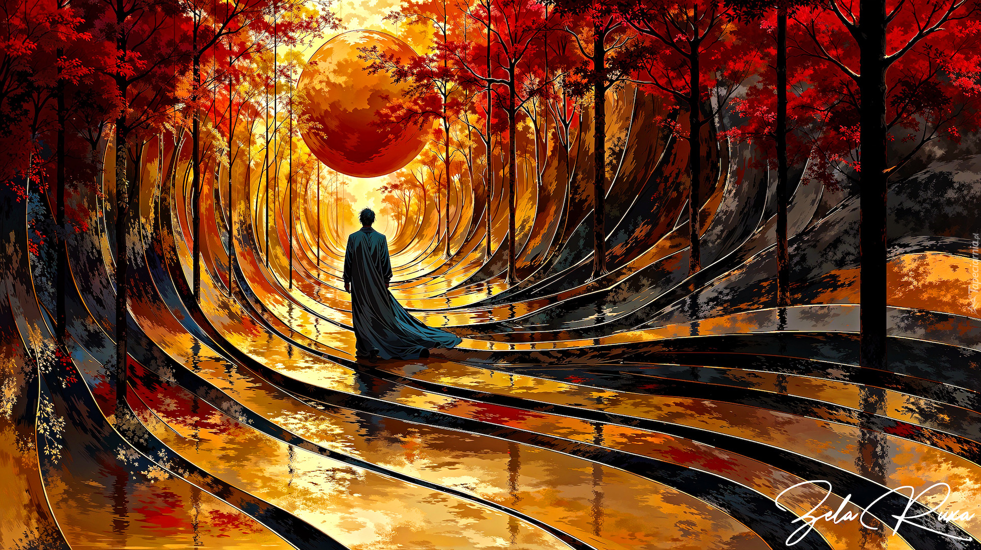 Fantasy, Człowiek, Drzewa, Jesień, Linie