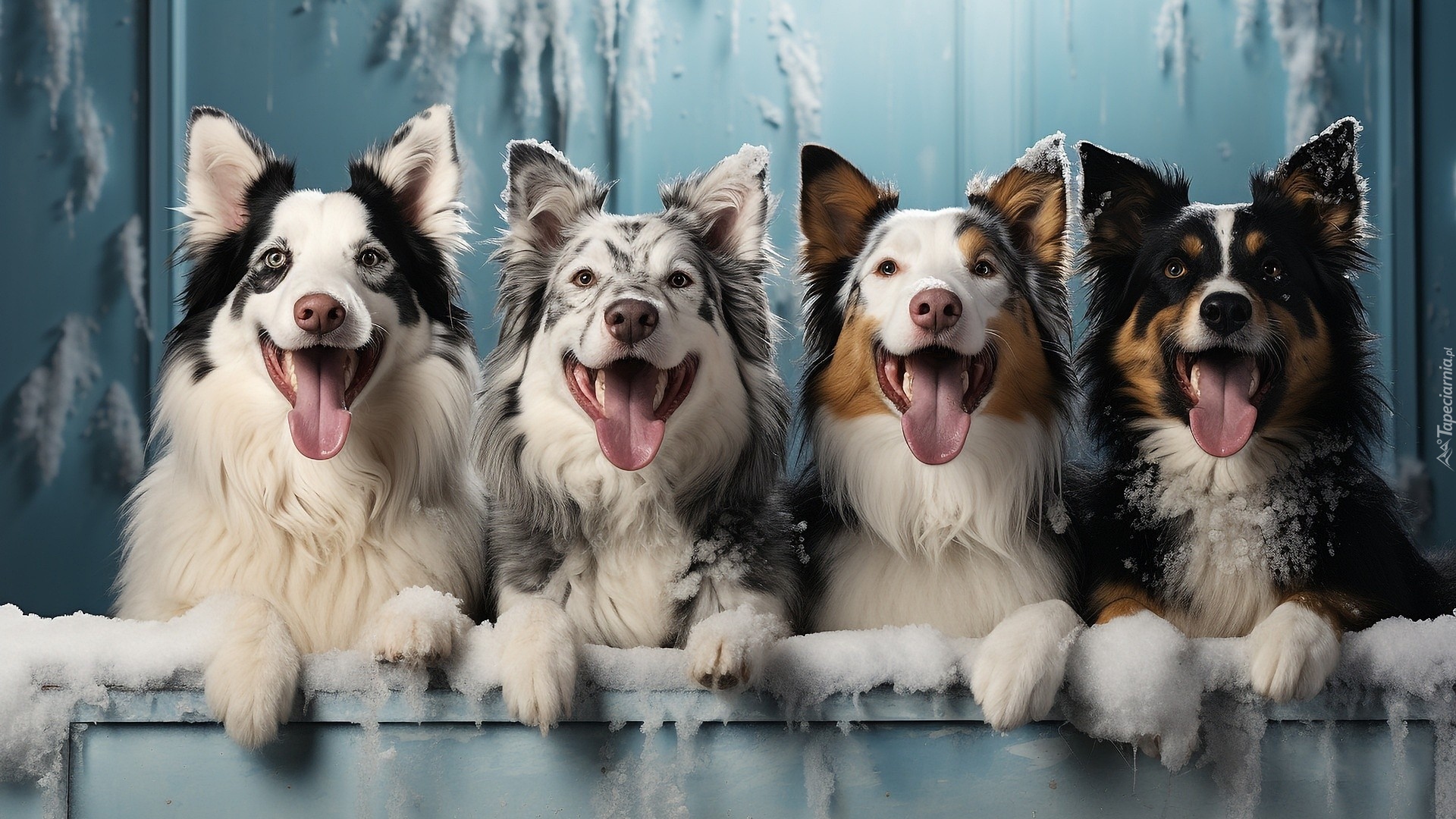 Cztery, Psy, Border collie, Jęzory, Zmarznięty, Śnieg