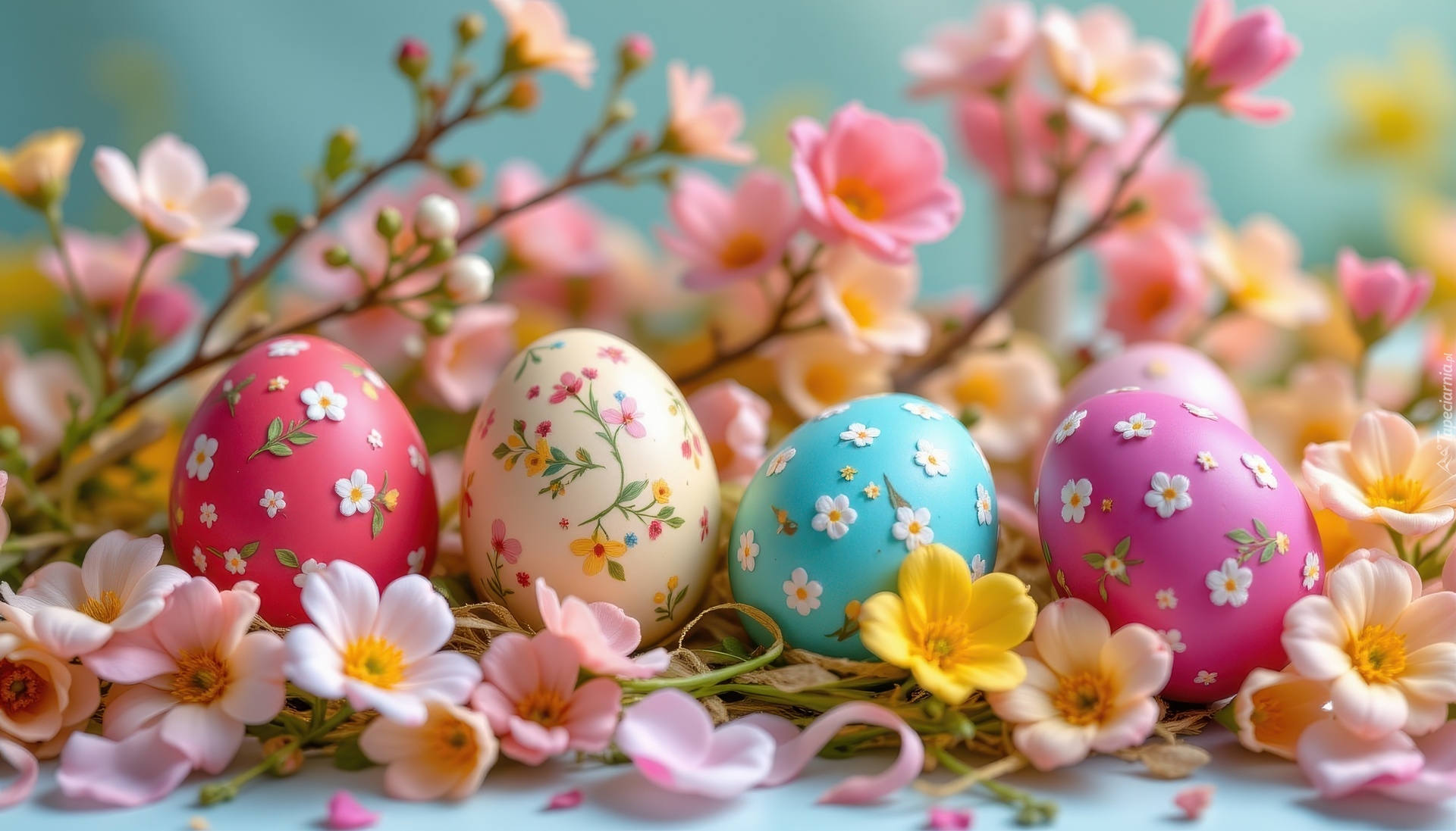 Wielkanoc, Kolorowe, Pisanki, Kwiaty, Grafika AI
