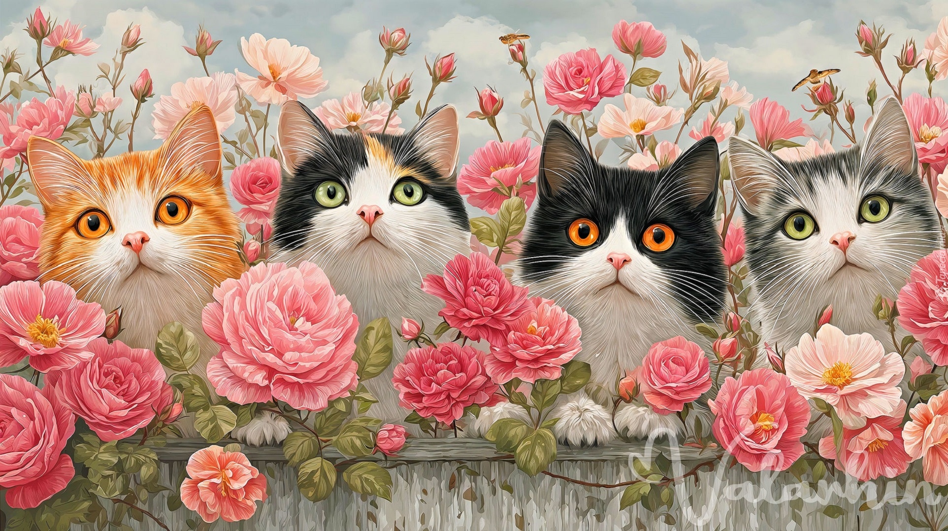 Cztery, Koty, Róże, Płot