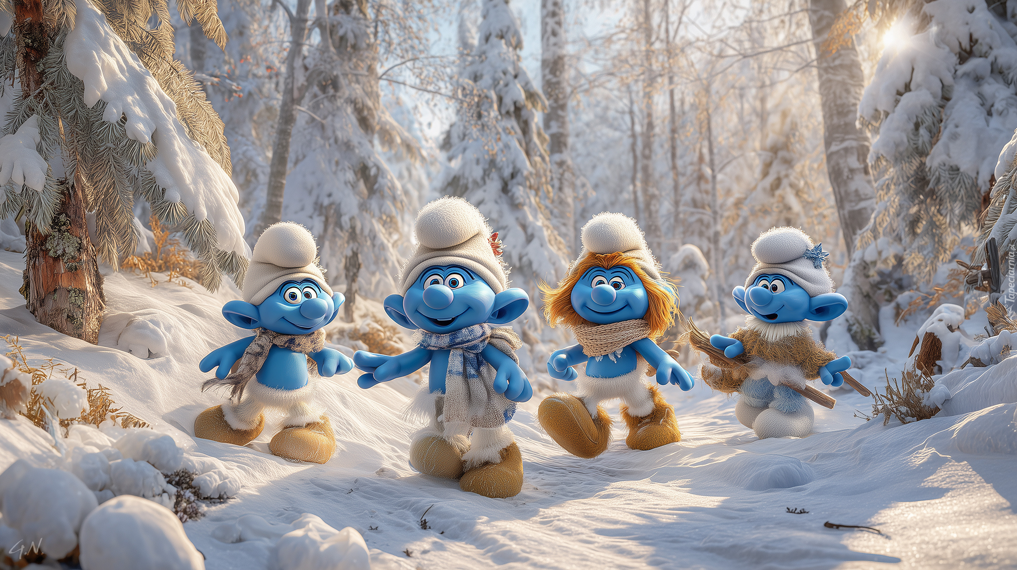 Cztery, Smerfy, Las, Zima, Grafika AI